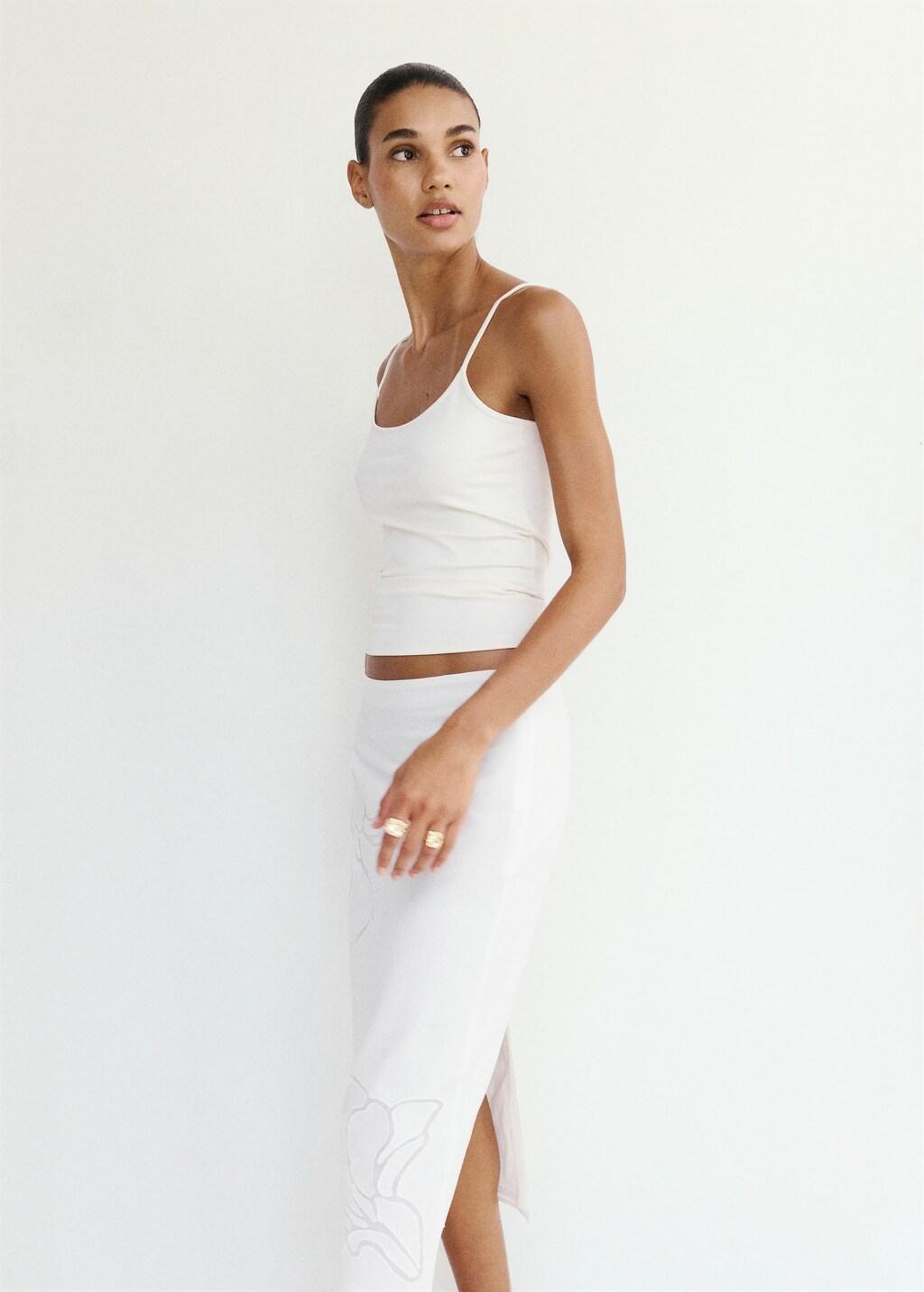 WHITE Linen skirt with floral embroidery, White, large image number 4