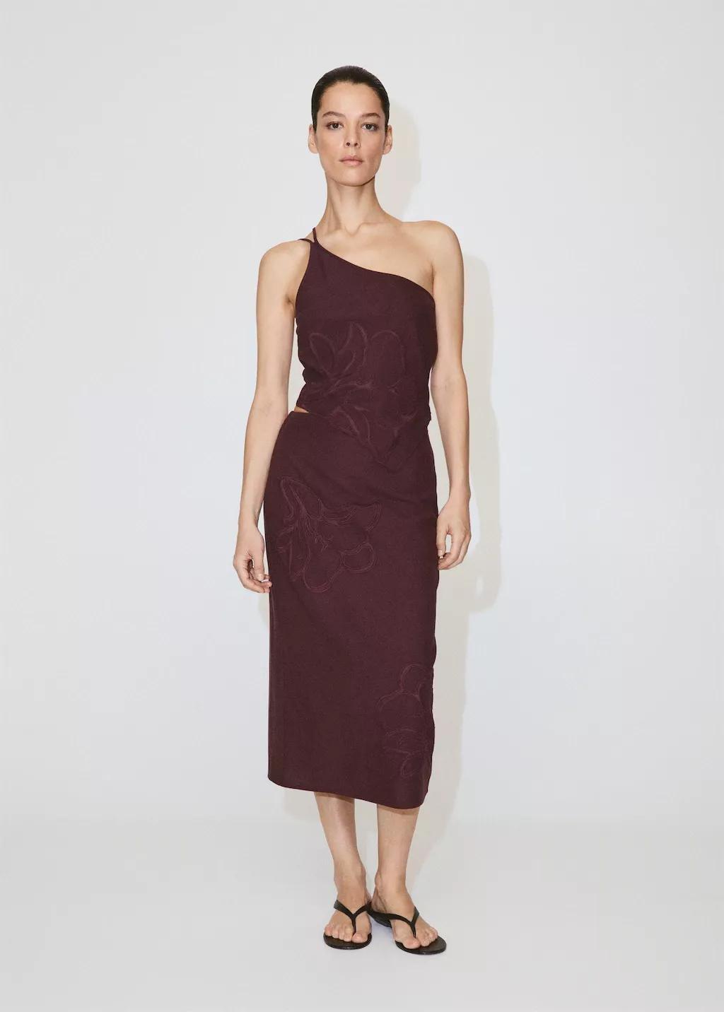 Red Linen Skirt With Floral Embroidery, Dark Red, large image number 0