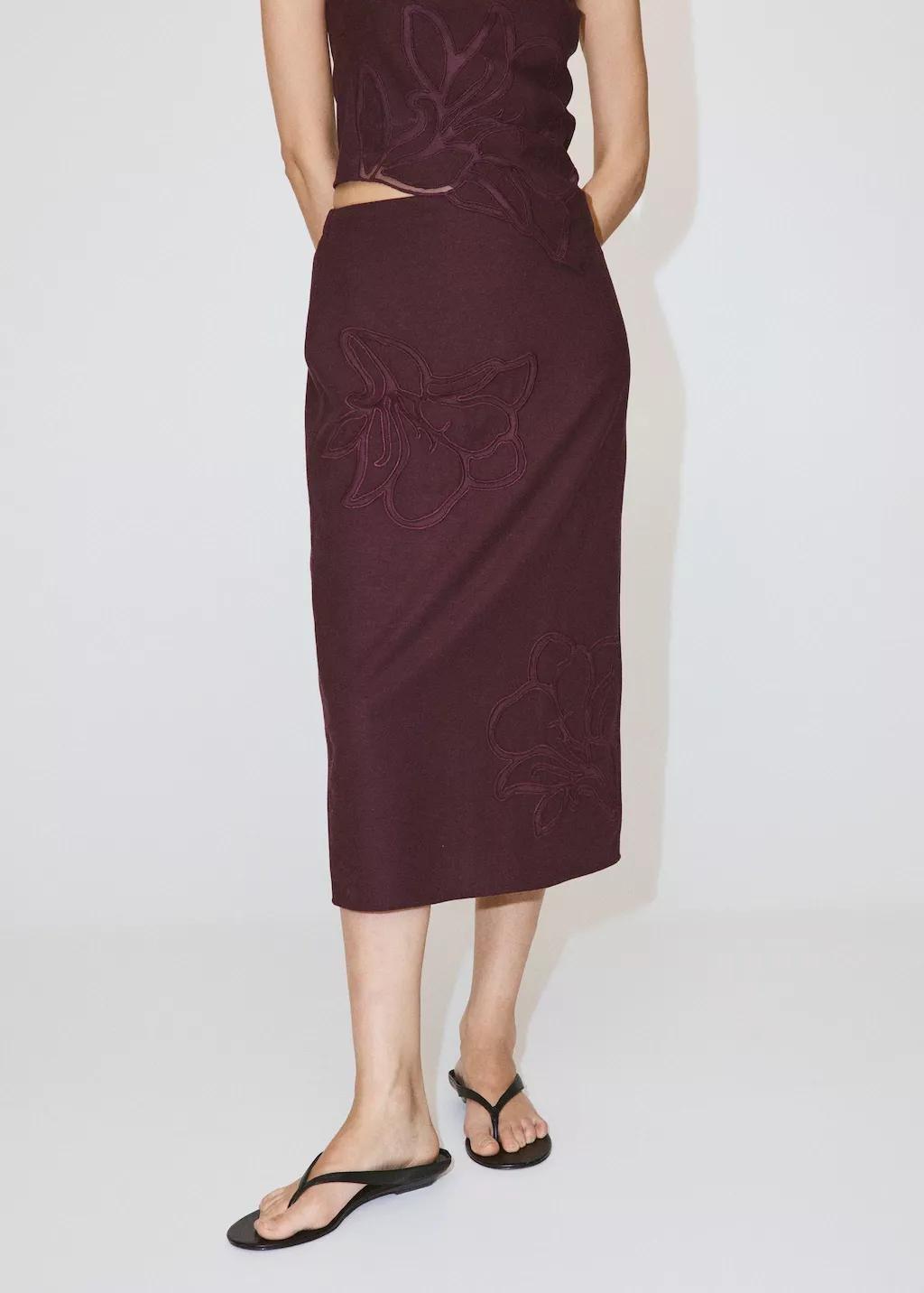 Red Linen Skirt With Floral Embroidery, Dark Red, large image number 3