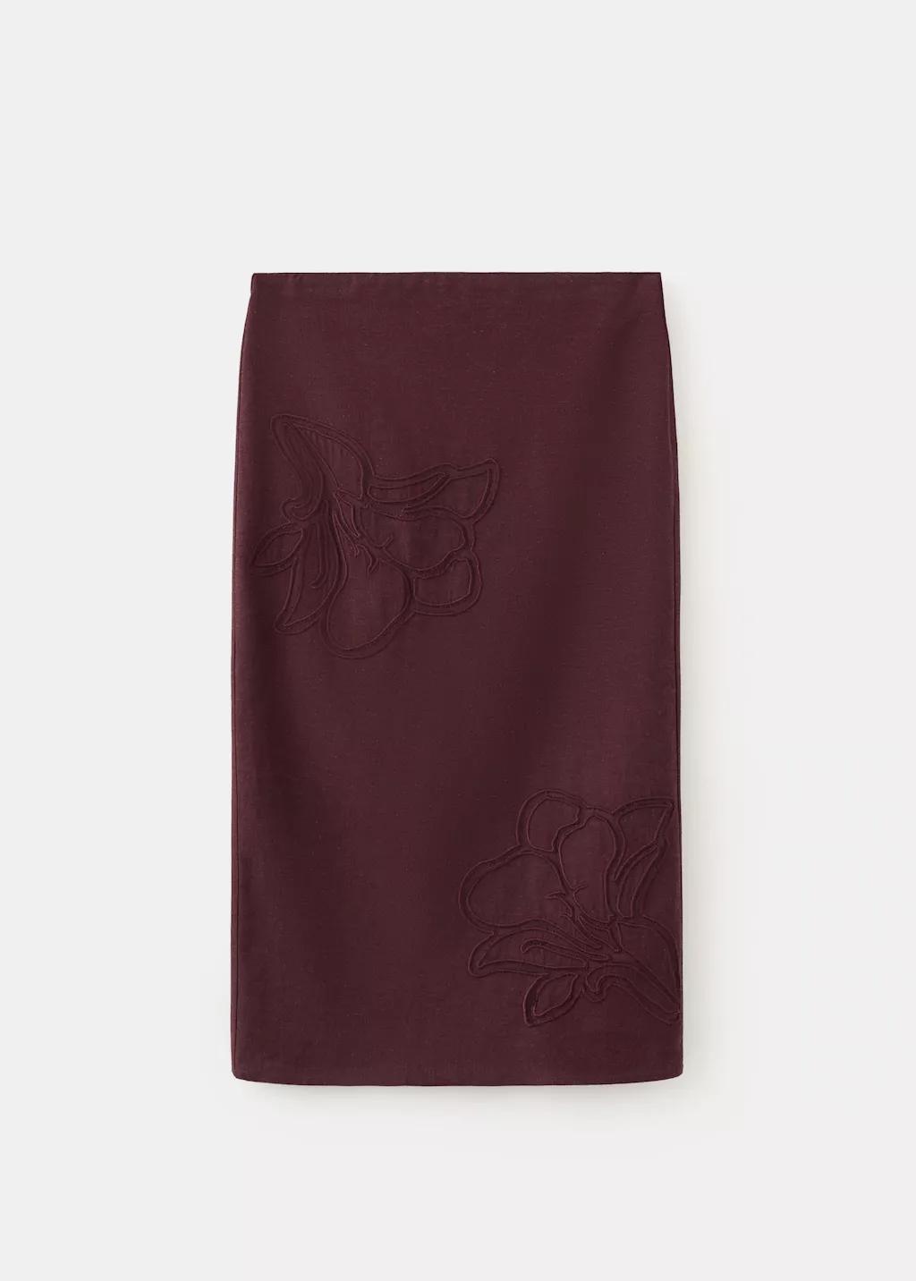 Red Linen Skirt With Floral Embroidery, Dark Red, large image number 7