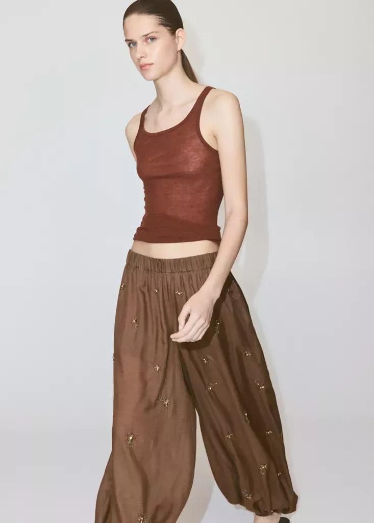 Brown Balloon Trousers With Embroidered Applique, Brown, medium