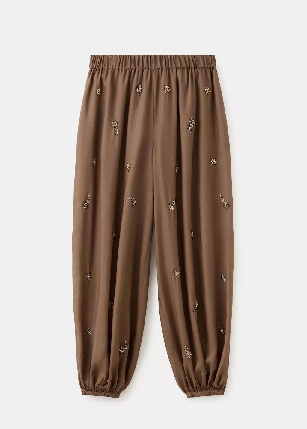 Brown Balloon Trousers With Embroidered Applique, Brown, large image number 5
