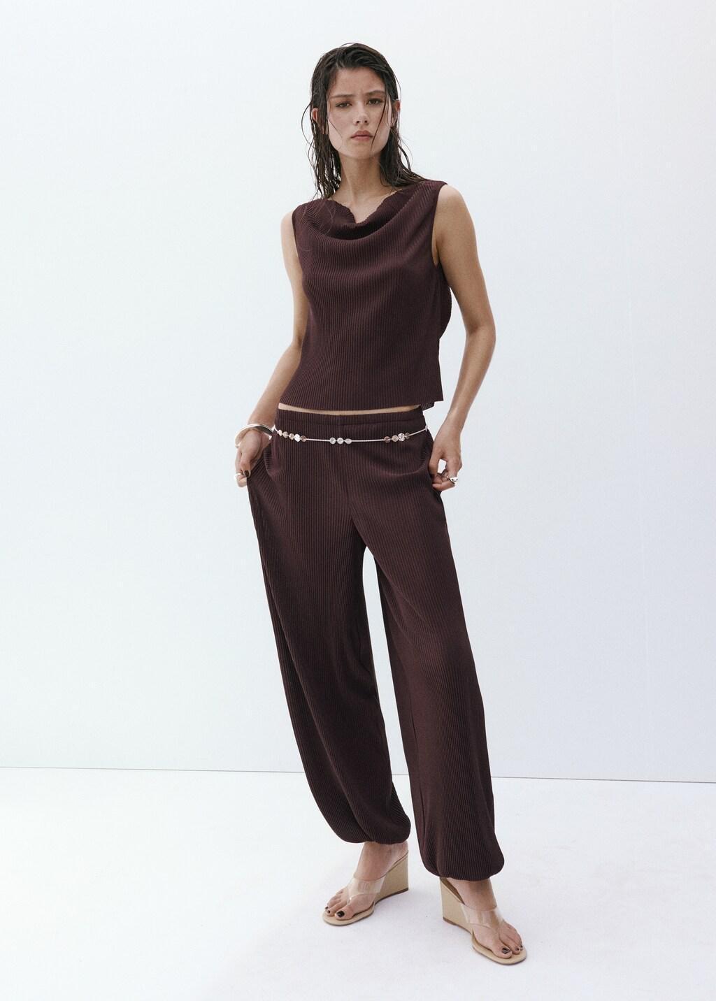 Brown Textured Top With Bead Detail On The Back, Dark Brown, large image number 0