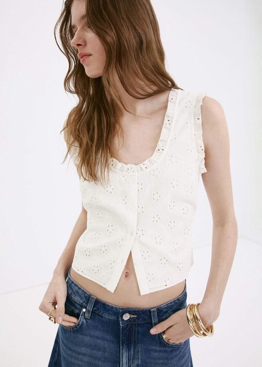White Cotton Blouse With Broderie Anglaise Embroidery, Natural White, large image number 3