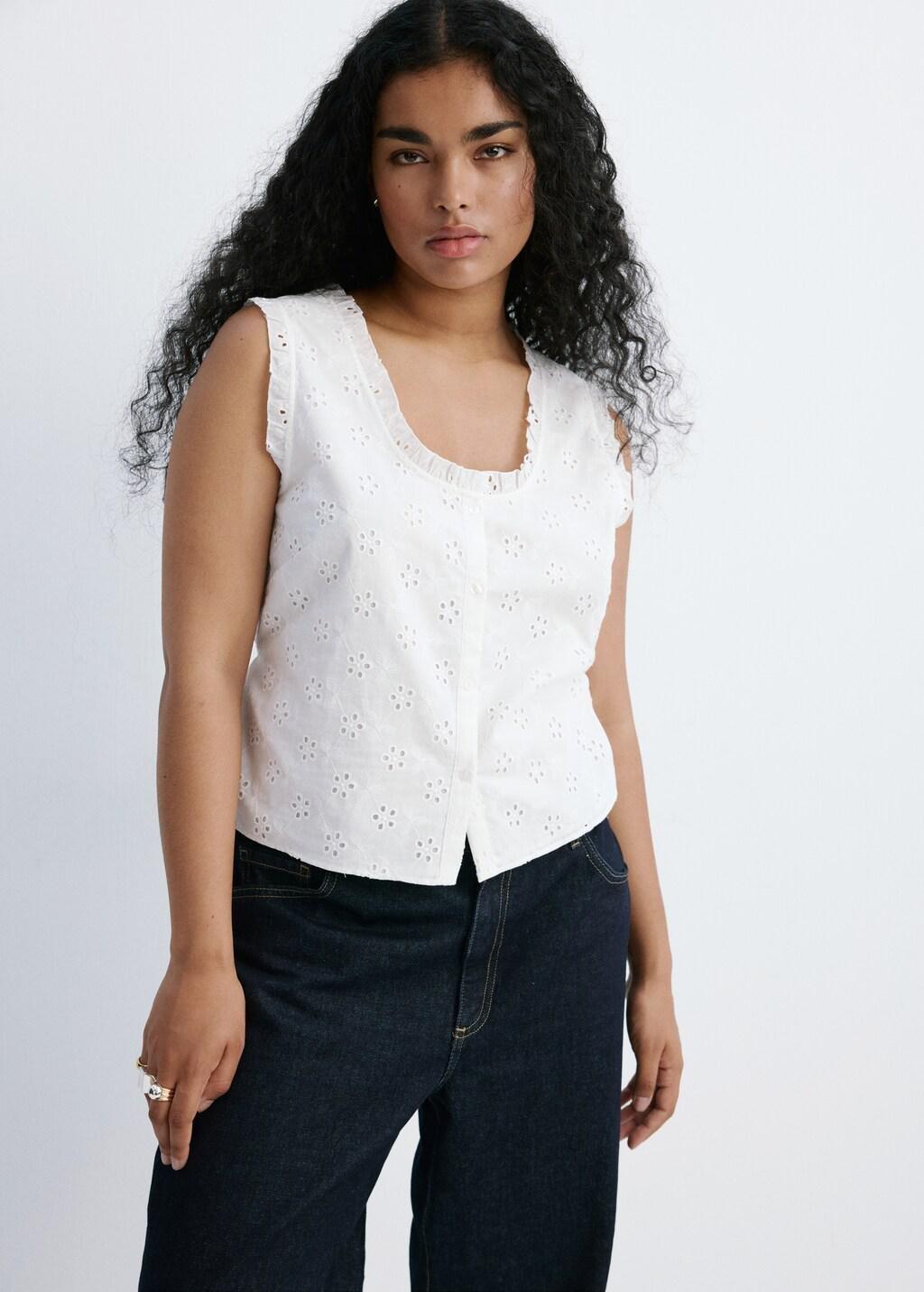White Cotton Blouse With Broderie Anglaise Embroidery, Natural White, large image number 6