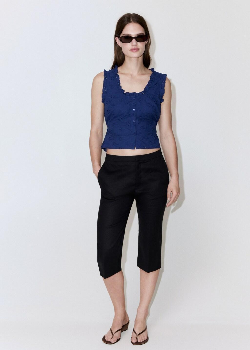 Blue Cotton Blouse With Broderie Anglaise Embroidery, Medium Blue, large image number 0