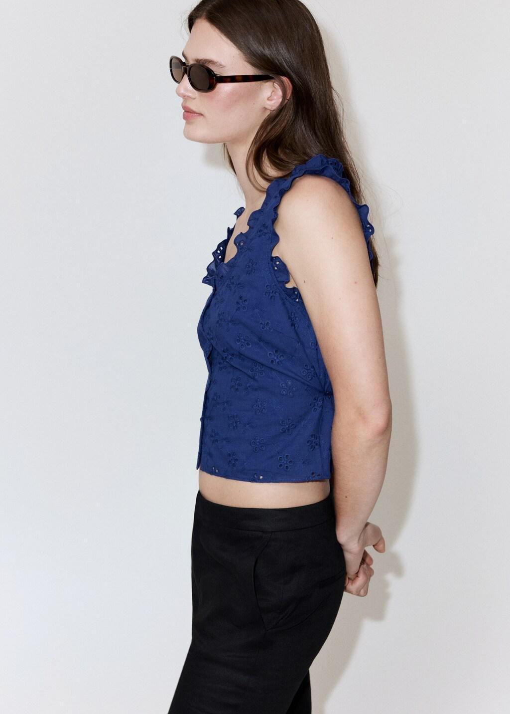 Blue Cotton Blouse With Broderie Anglaise Embroidery, Medium Blue, large image number 3
