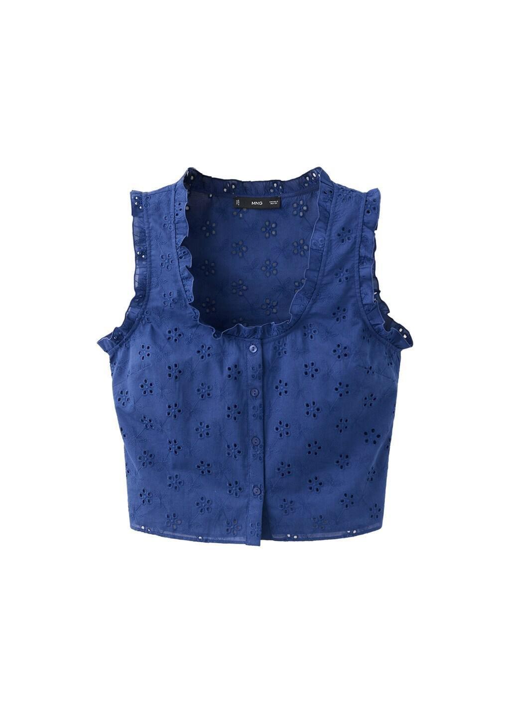 Blue Cotton Blouse With Broderie Anglaise Embroidery, Medium Blue, large image number 6
