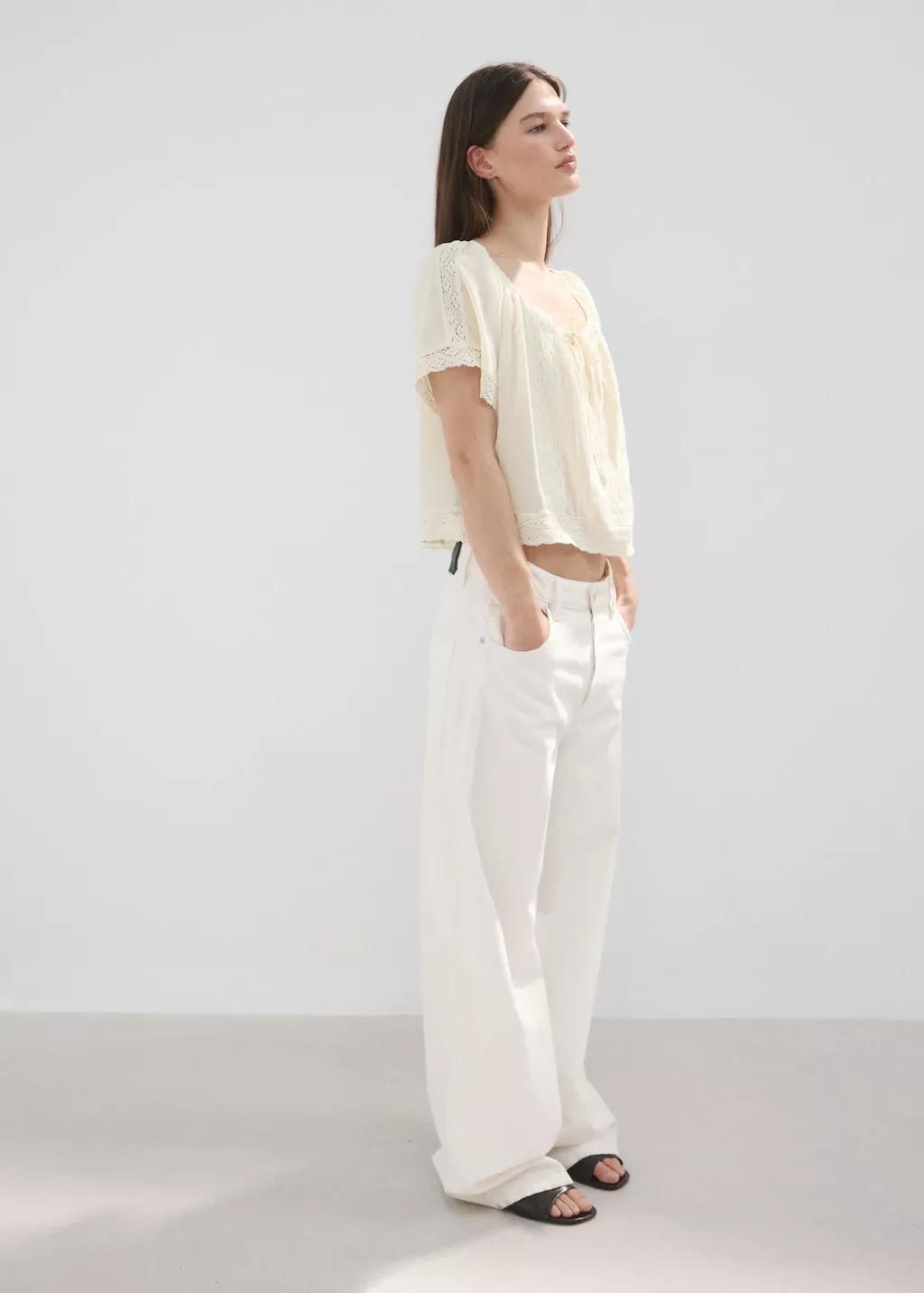 Beige Cotton Lace Blouse, Light Beige, large image number 0
