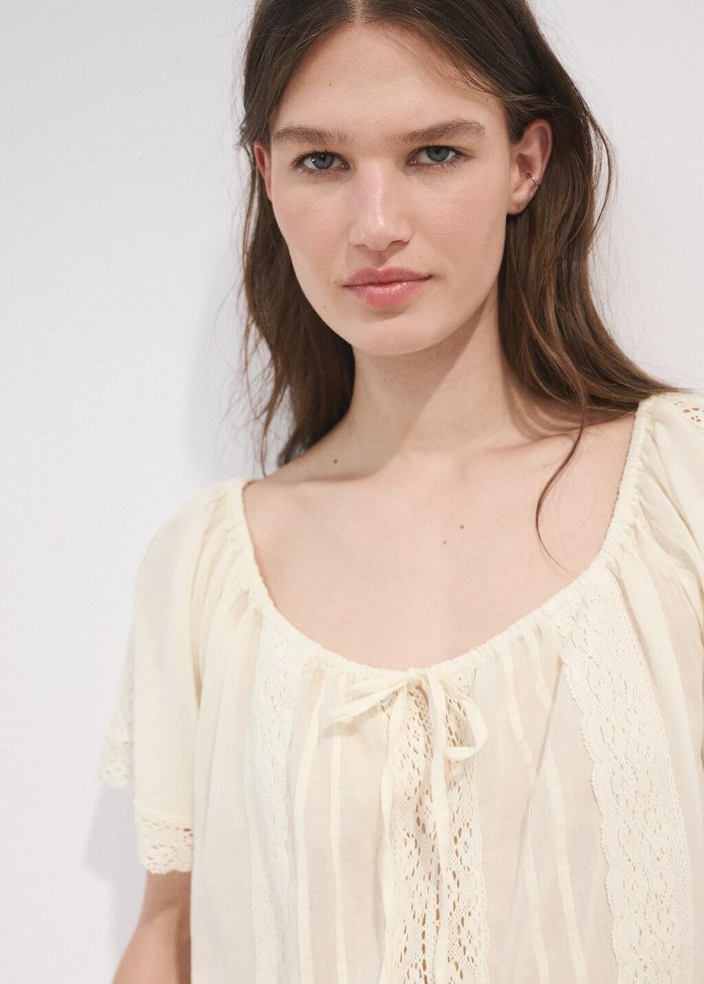 Beige Cotton Lace Blouse, Light Beige, large image number 3