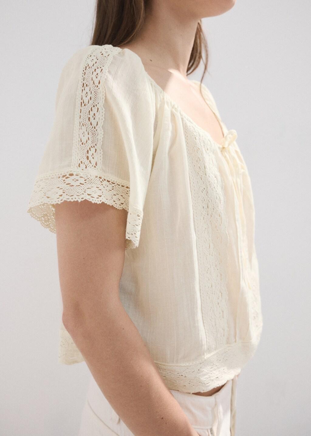 Beige Cotton Lace Blouse, Light Beige, large image number 4