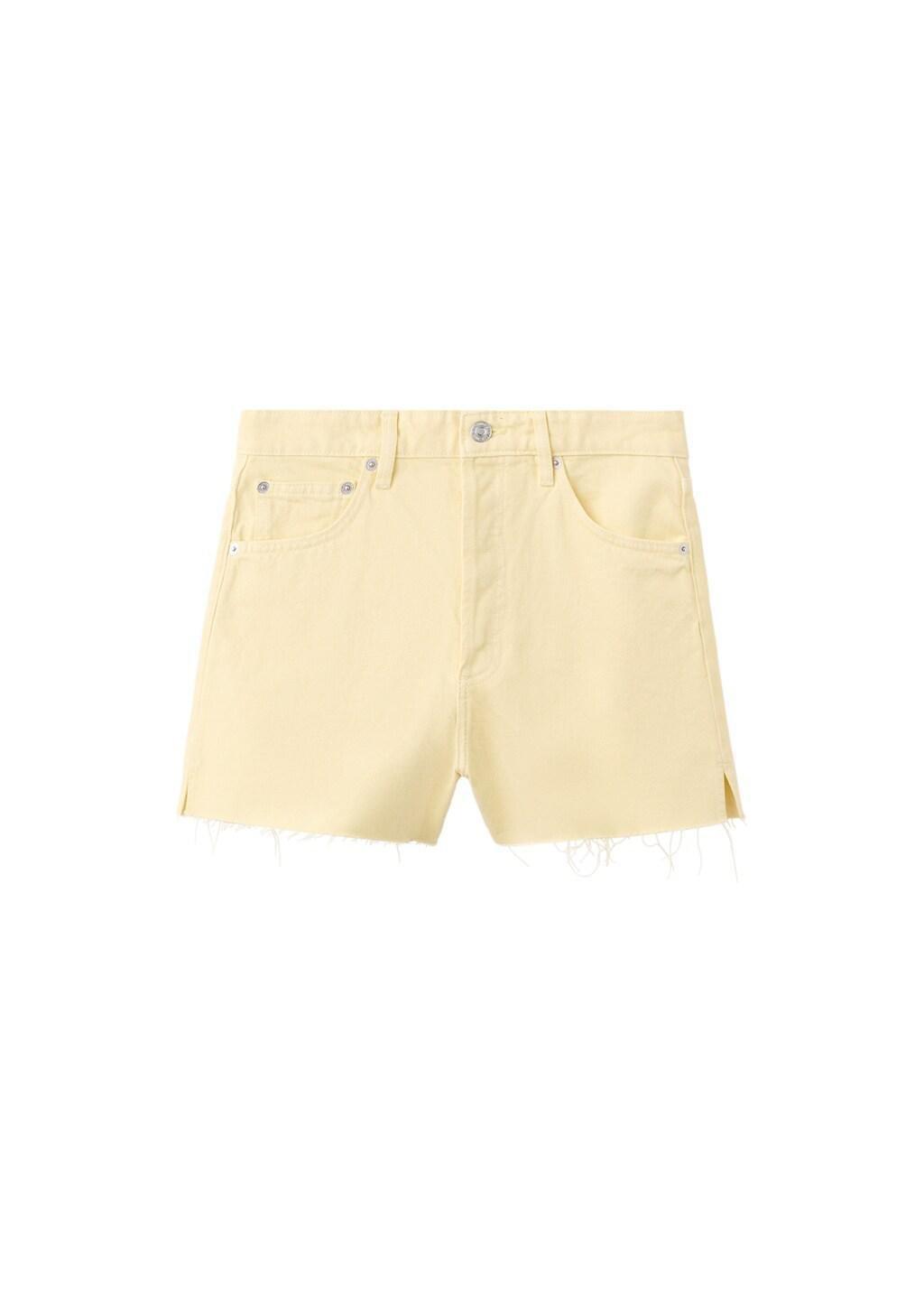 Yellow Denim Shorts With Frayed Hem, Yellow, large image number 5