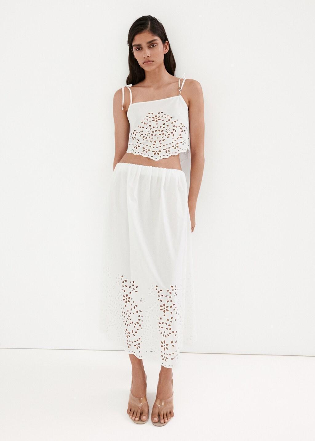 White Midi Skirt With Embroidered Details, Natural White, large image number 0