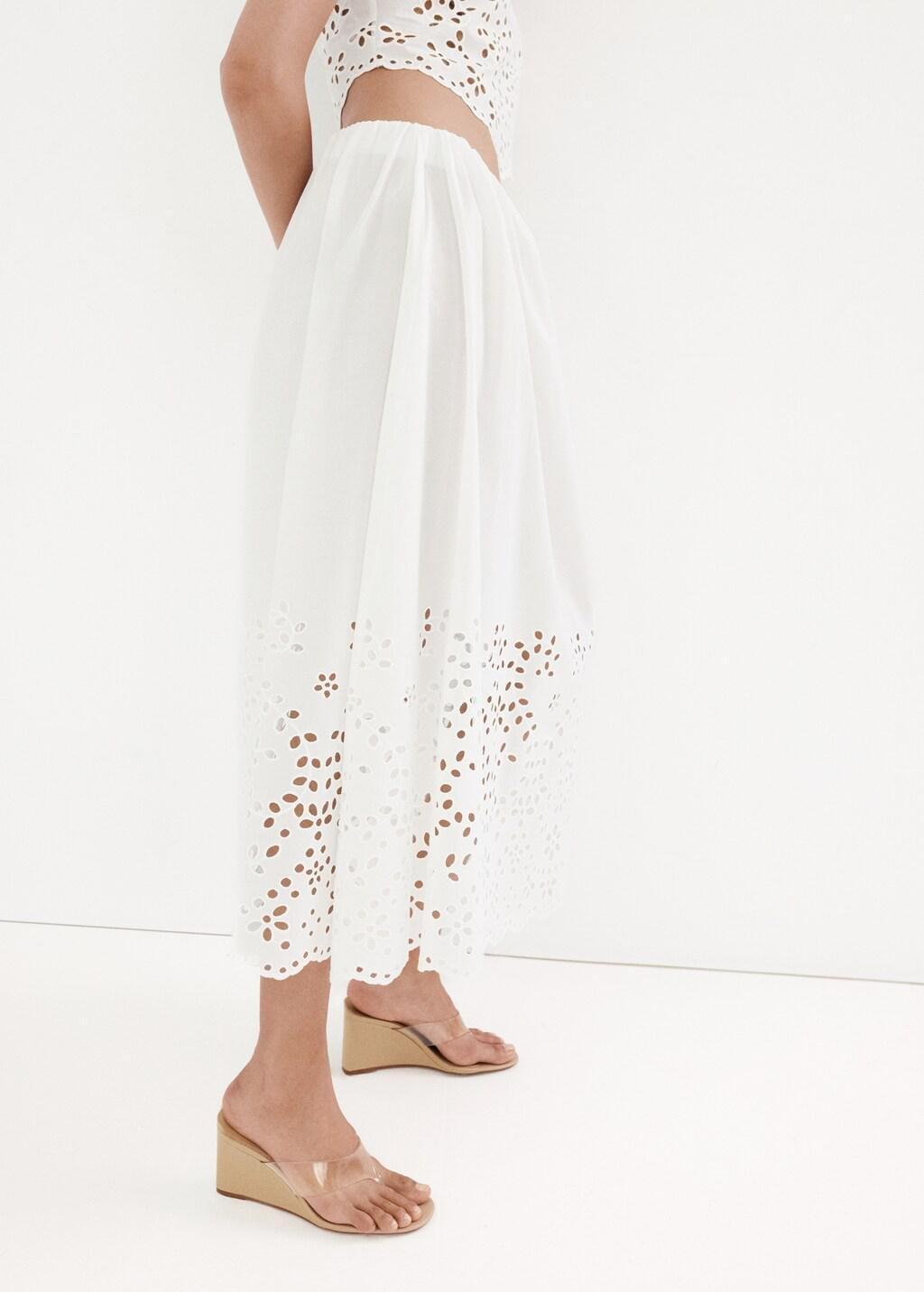 White Midi Skirt With Embroidered Details, Natural White, large image number 3