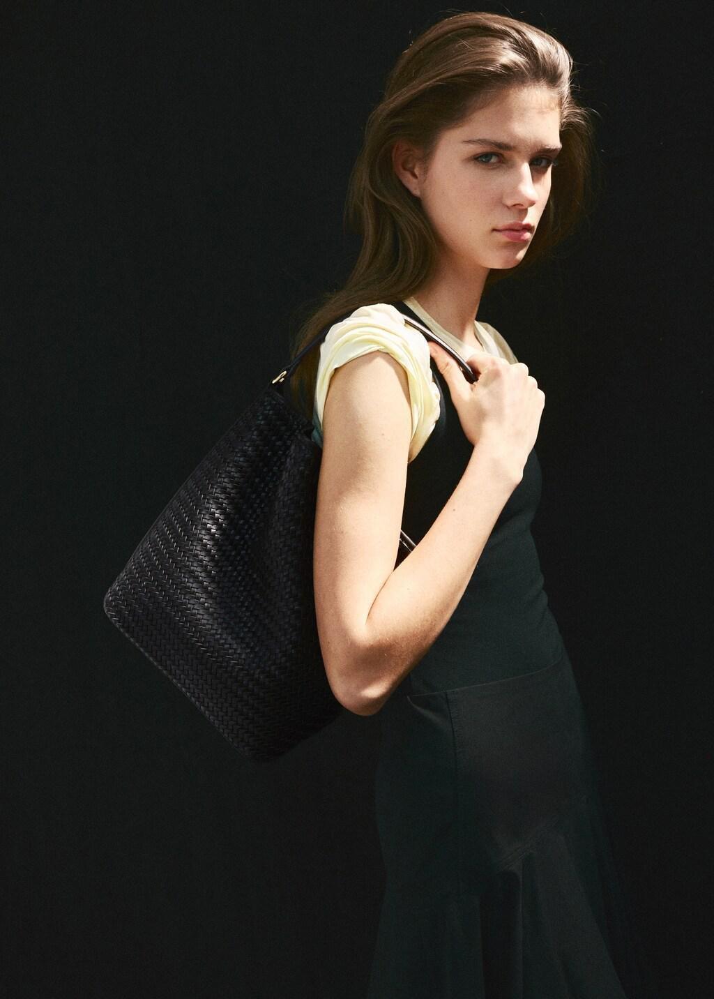 Brown Braided Shoulder Bucket Bag, Dark Brown, large image number 0