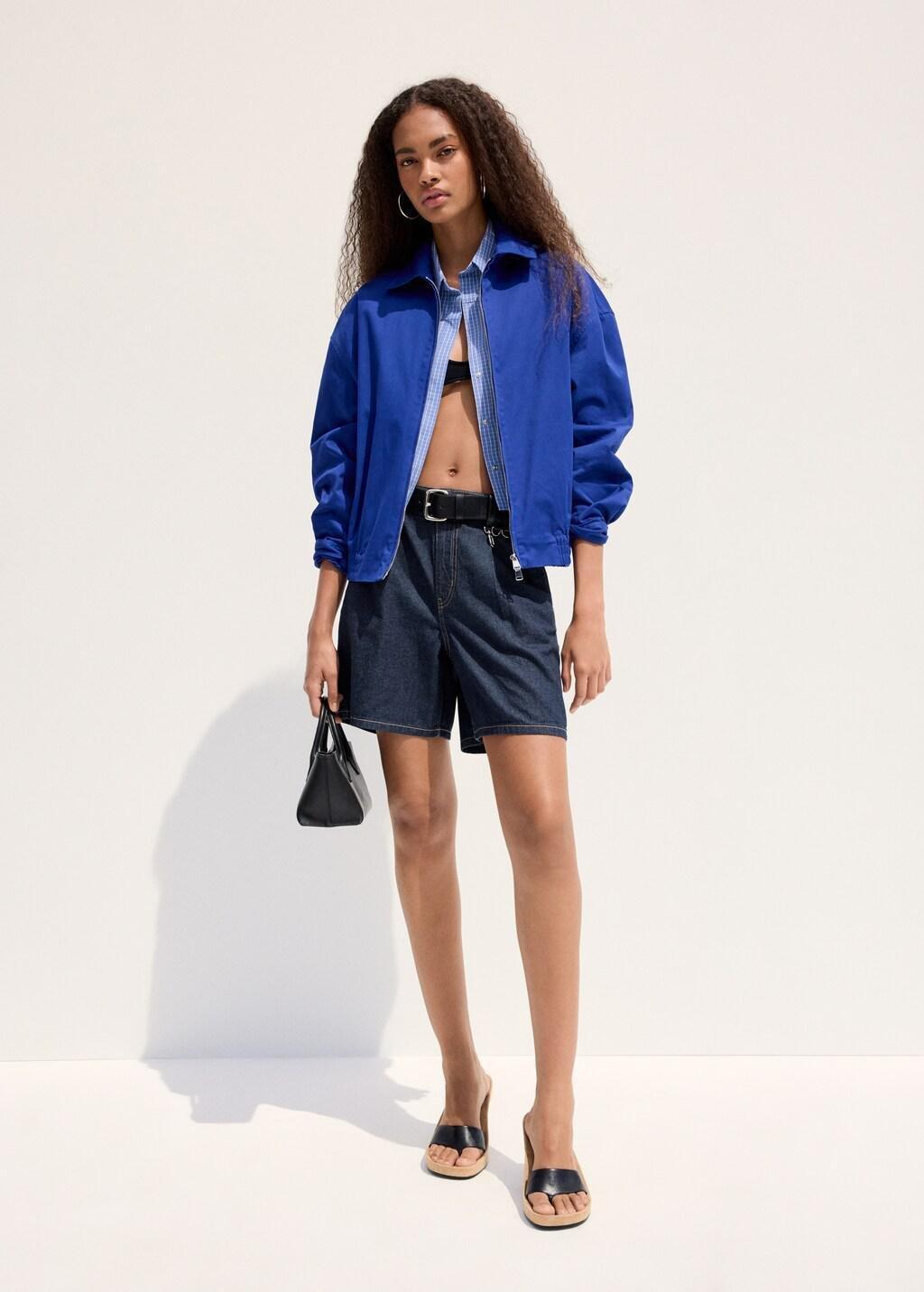 Blue Mid-Rise Denim Bermuda Shorts With Pleats, Open Blue, large image number 0