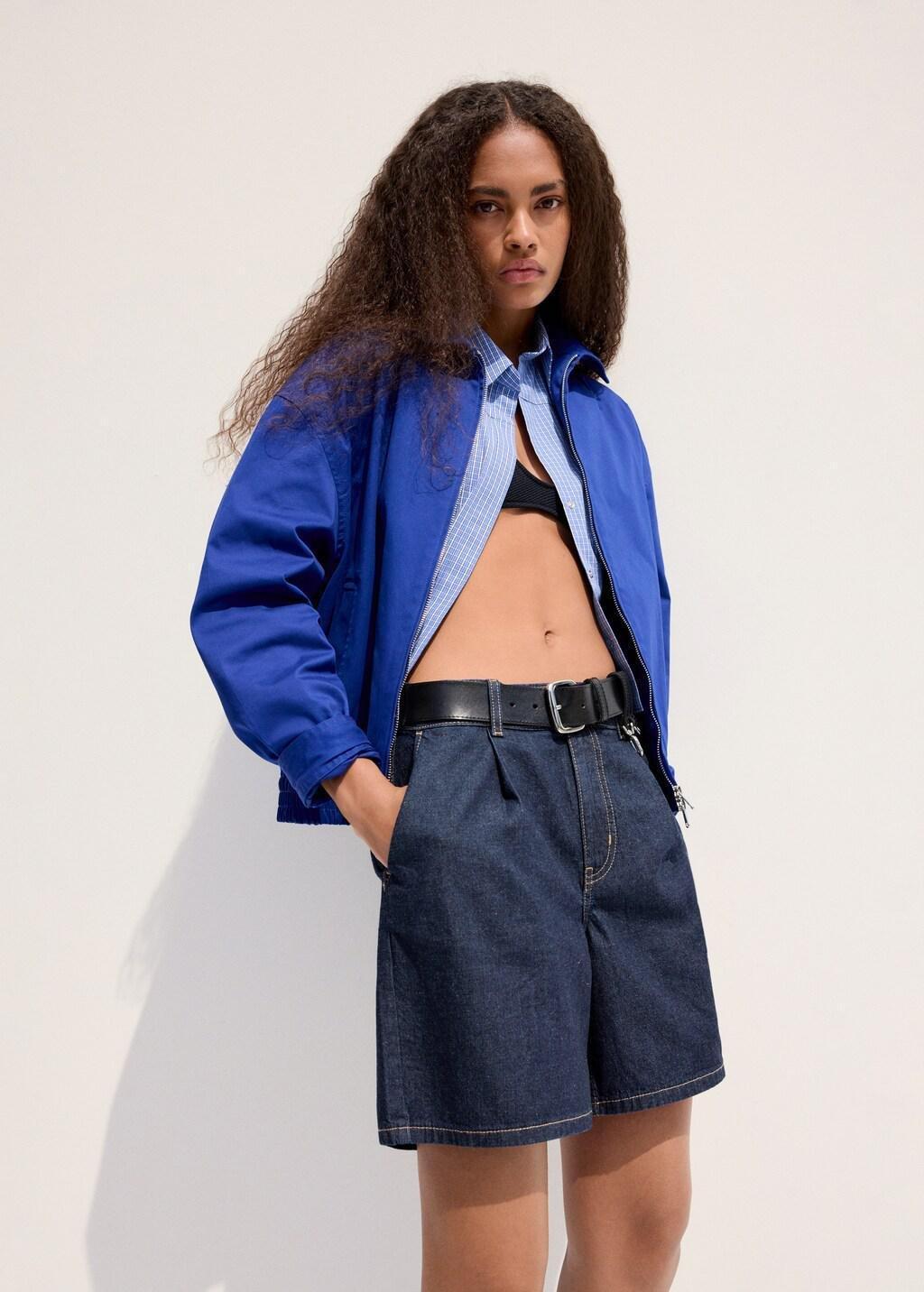 Blue Mid-Rise Denim Bermuda Shorts With Pleats, Open Blue, large image number 3