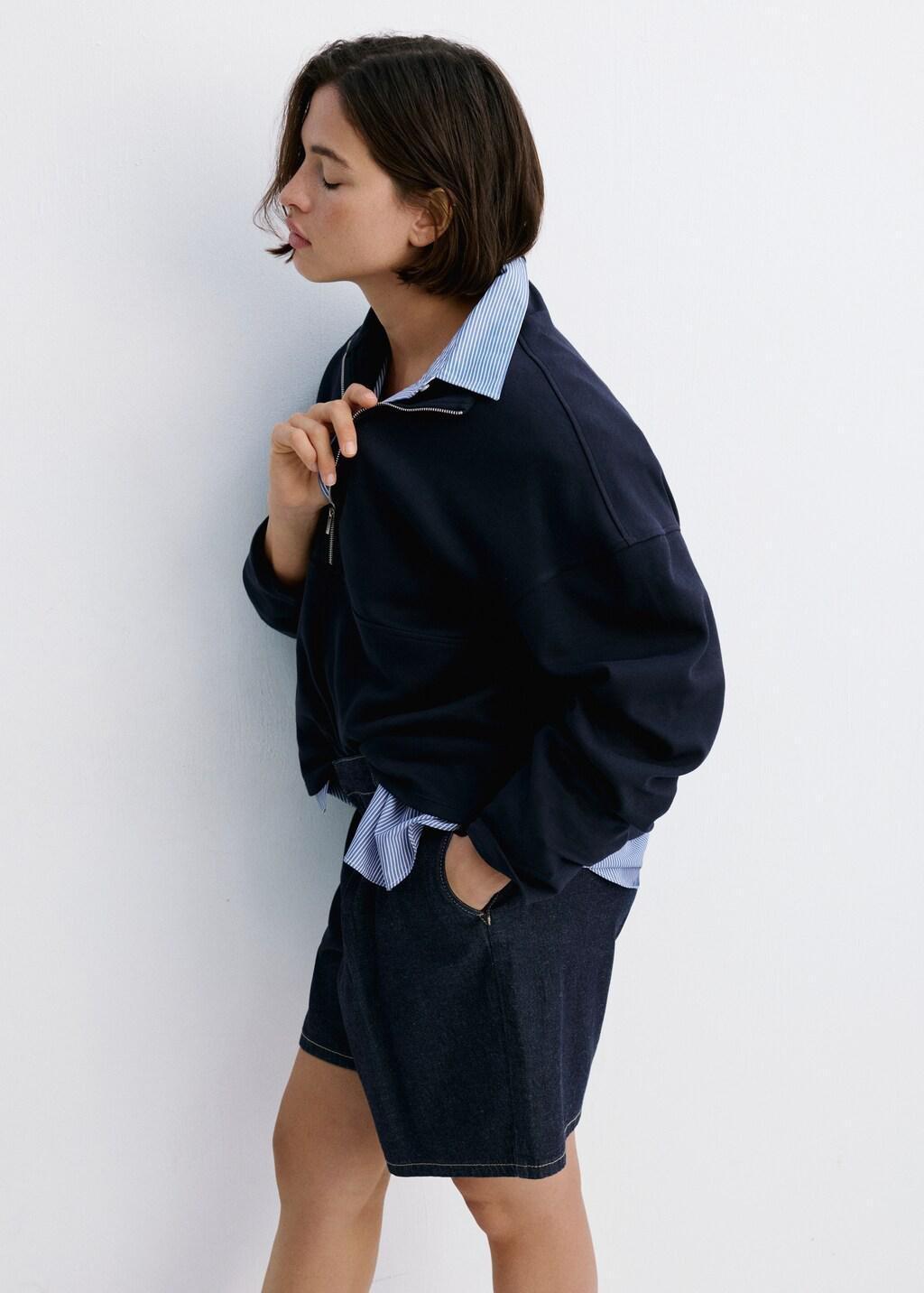 Blue Mid-Rise Denim Bermuda Shorts With Pleats, Open Blue, large image number 6