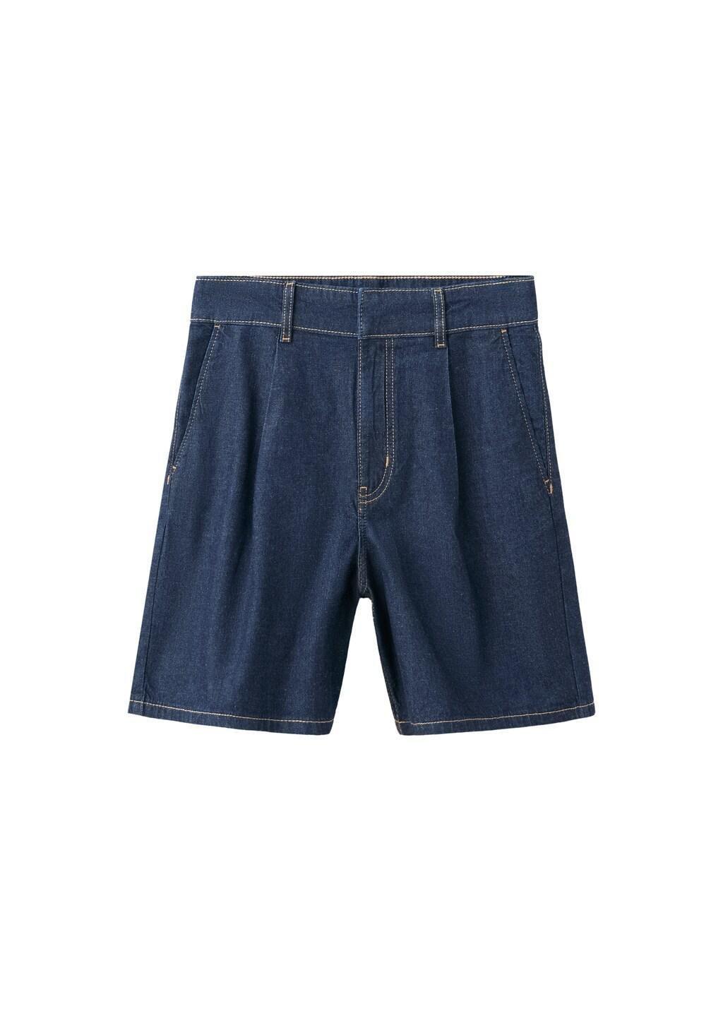 Blue Mid-Rise Denim Bermuda Shorts With Pleats, Open Blue, large image number 7