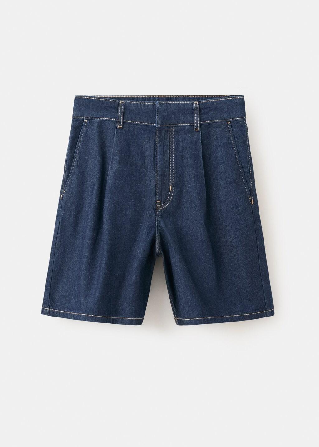 Blue Mid-Rise Denim Bermuda Shorts With Pleats, Open Blue, large image number 8