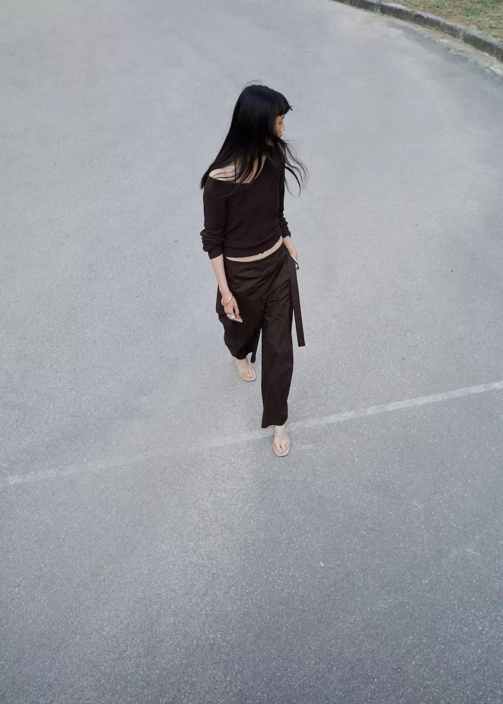 Brown Straight-Leg Trousers With Detachable Scarf, Dark Brown, large image number 0