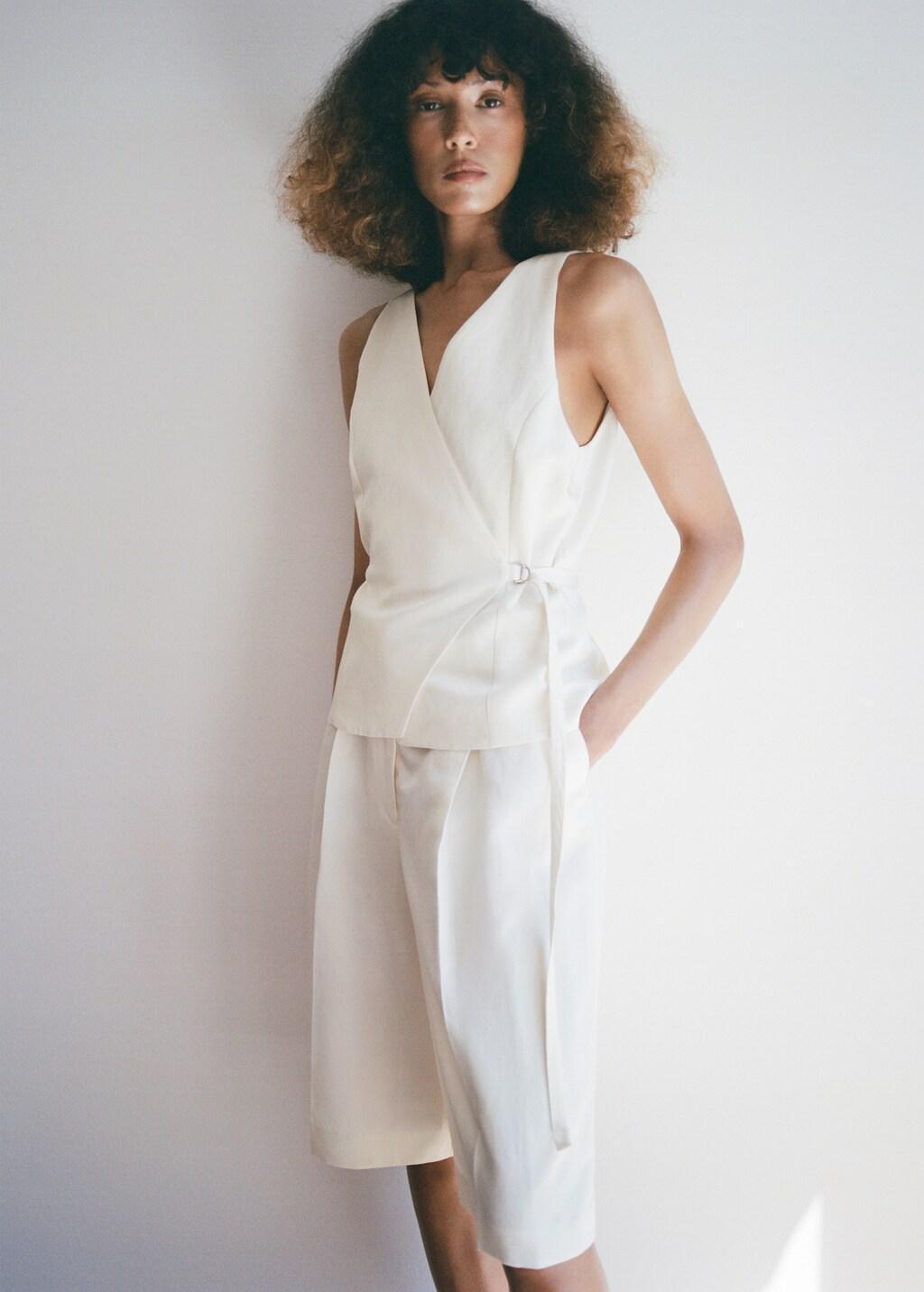 Beige Linen Blend Cross-Over Jumpsuit, Light Beige, large image number 0