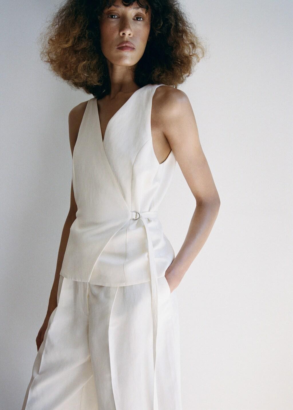 Beige Linen Blend Cross-Over Jumpsuit, Light Beige, large image number 3