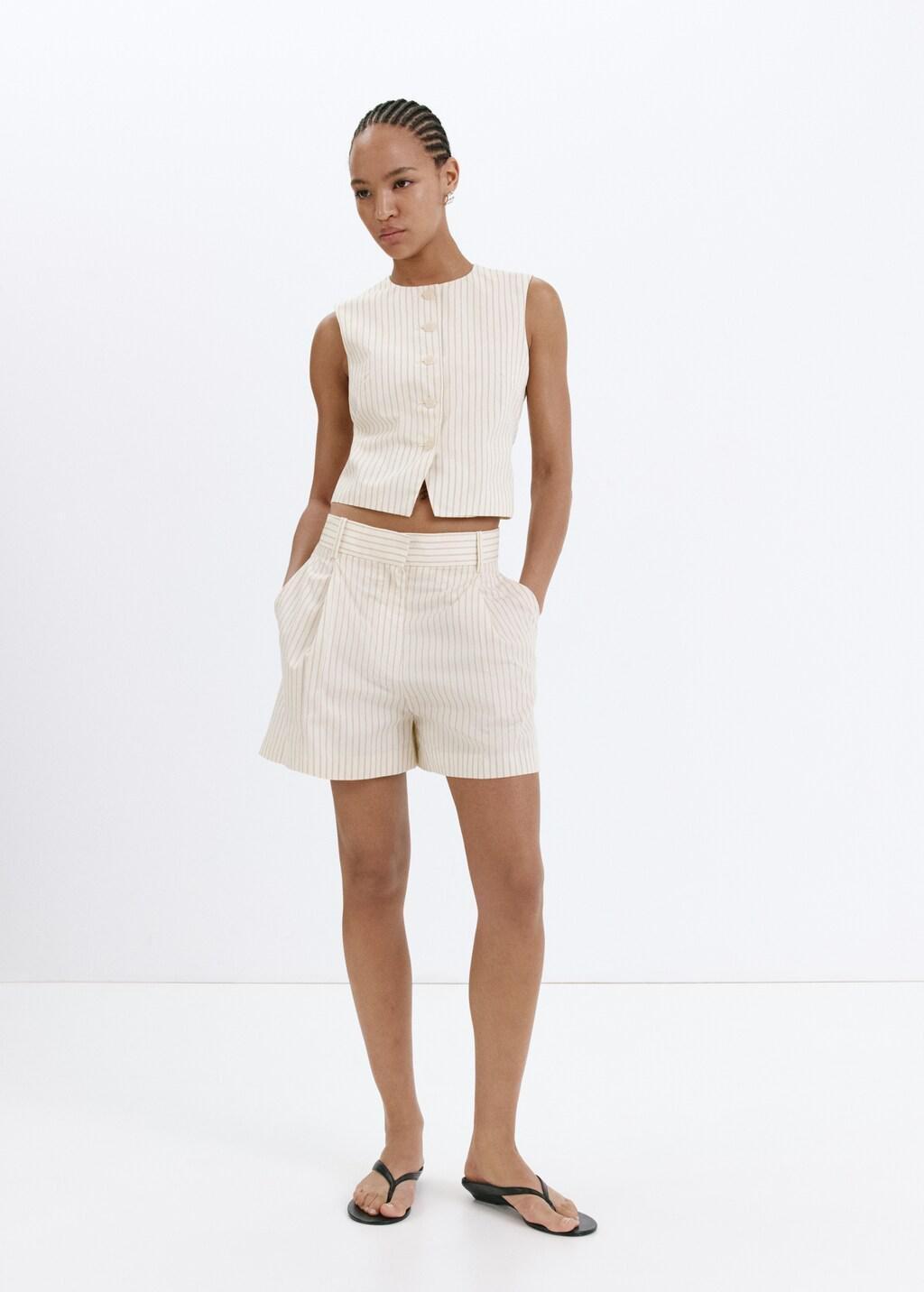 Yellow Pinstripe Pleated Bermuda Shorts, Yellow, large image number 0