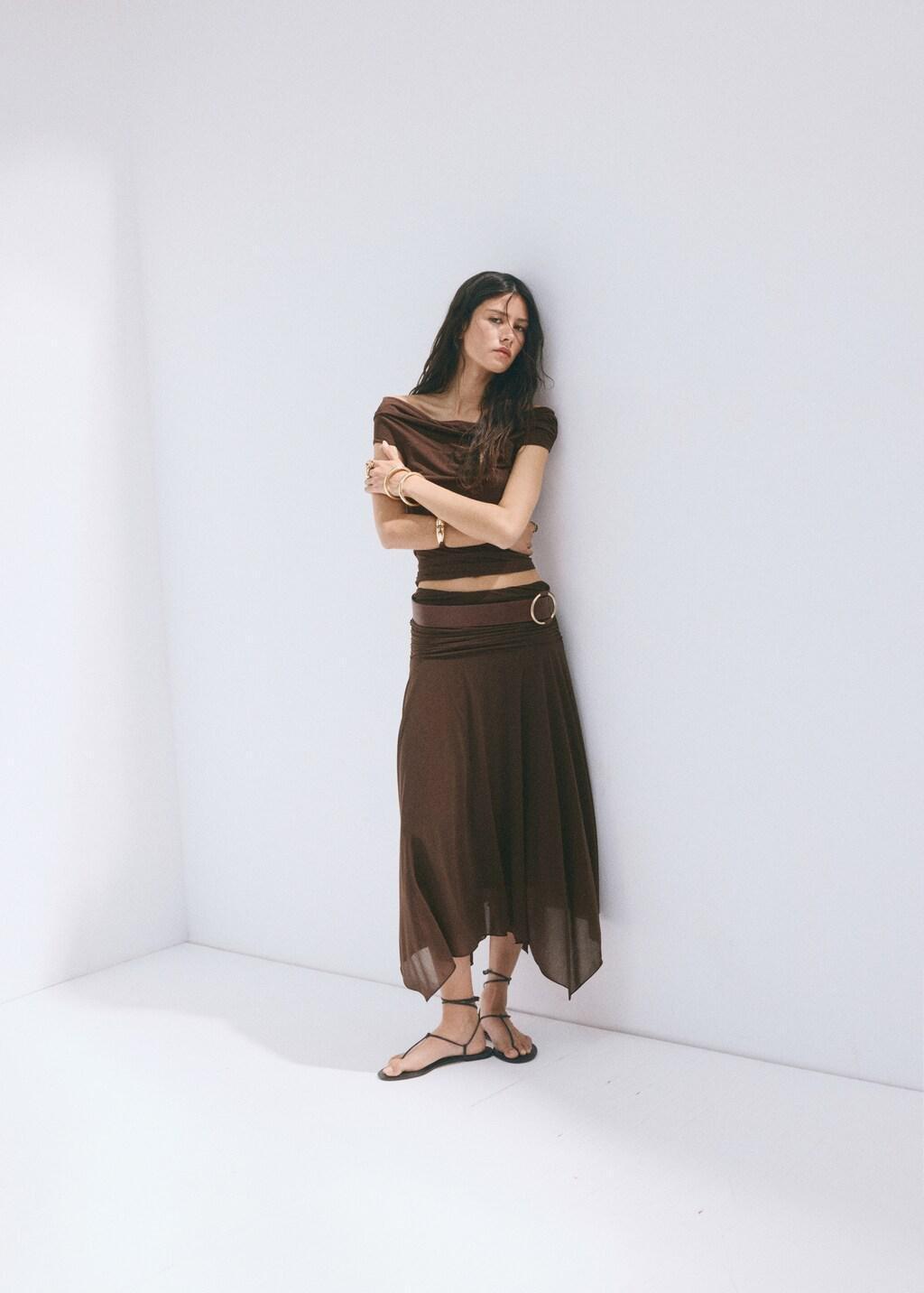 Brown Asymmetric Chiffon Skirt, Brown, large image number 0