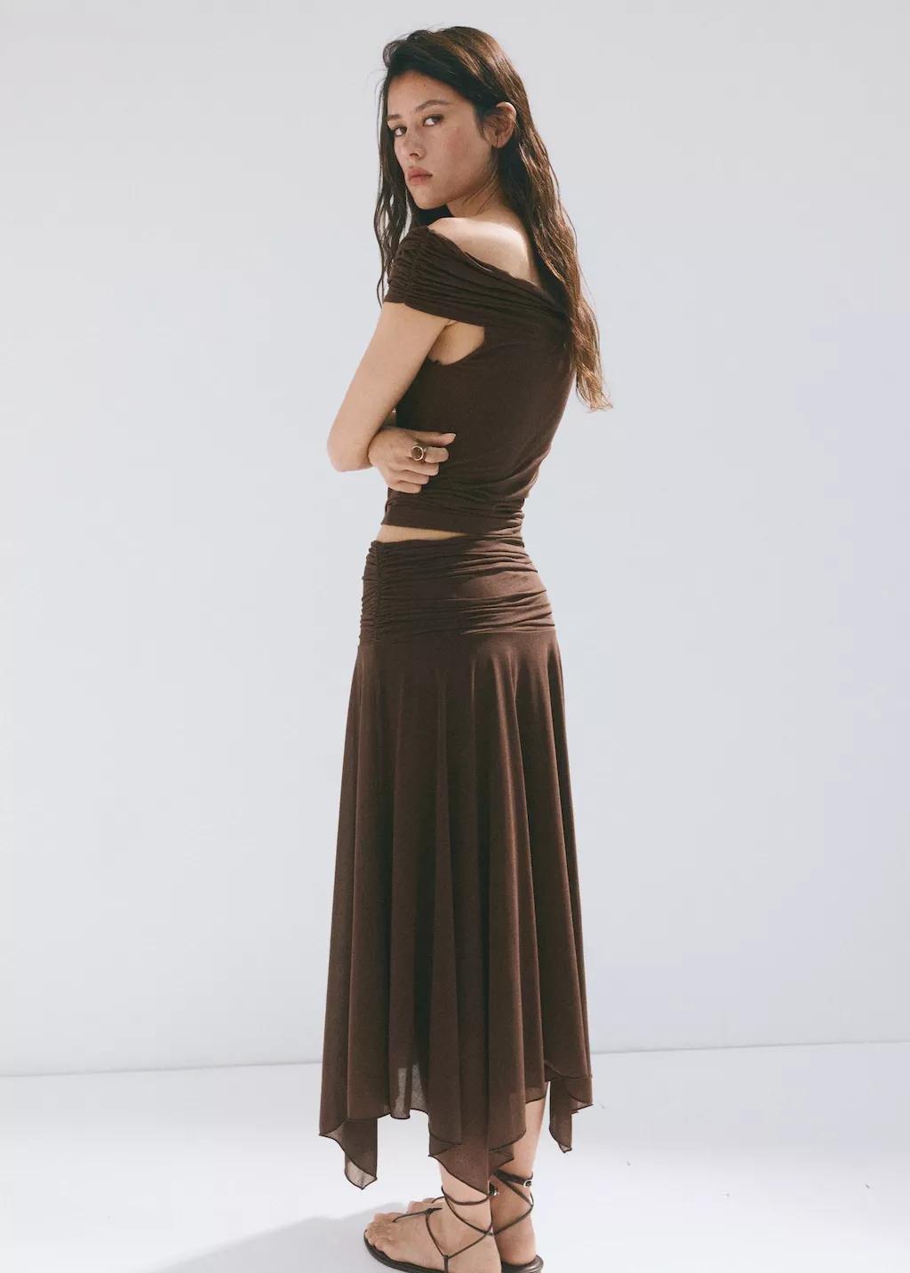 Brown Asymmetric Chiffon Skirt, Brown, large image number 2