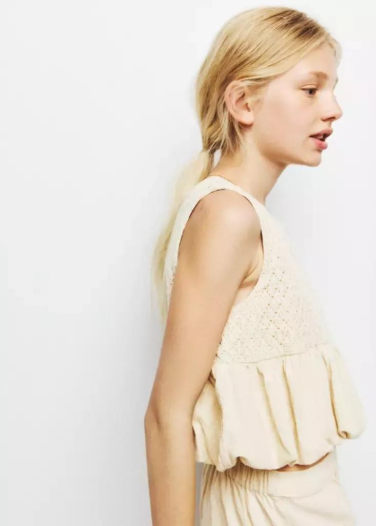 Beige Crochet Blouse With A Puffed Hem, Kids Girl, Light Beige, large image number 0