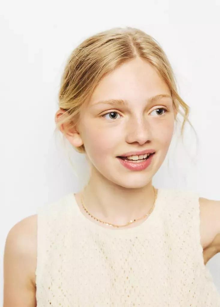 Beige Crochet Blouse With A Puffed Hem, Kids Girl, Light Beige, large image number 1