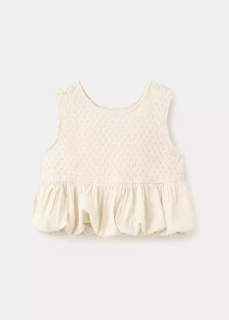 Beige Crochet Blouse With A Puffed Hem, Kids Girl, Light Beige, large image number 3