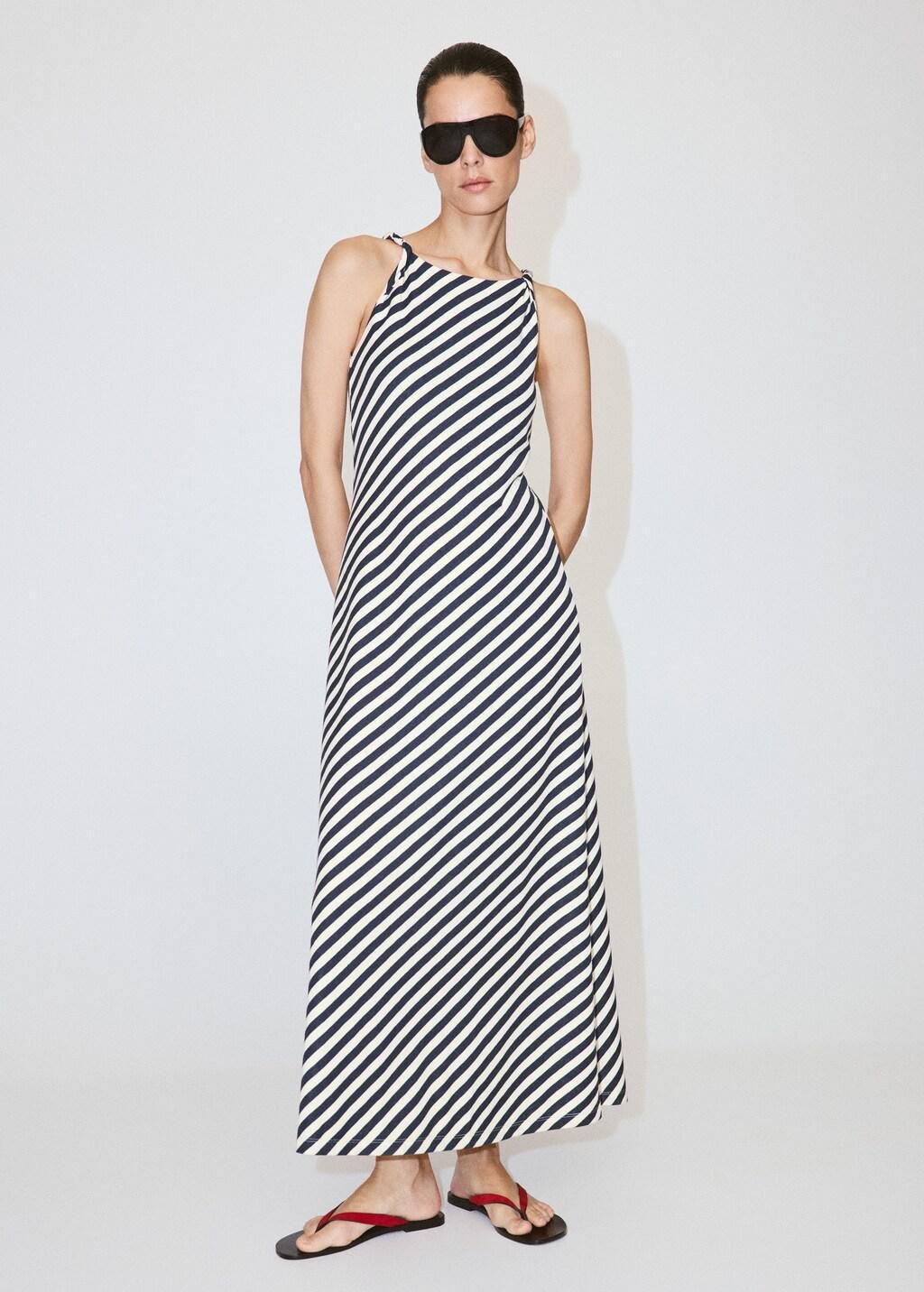 Blue Knitted Dress With Draped Straps, Navy, large image number 0