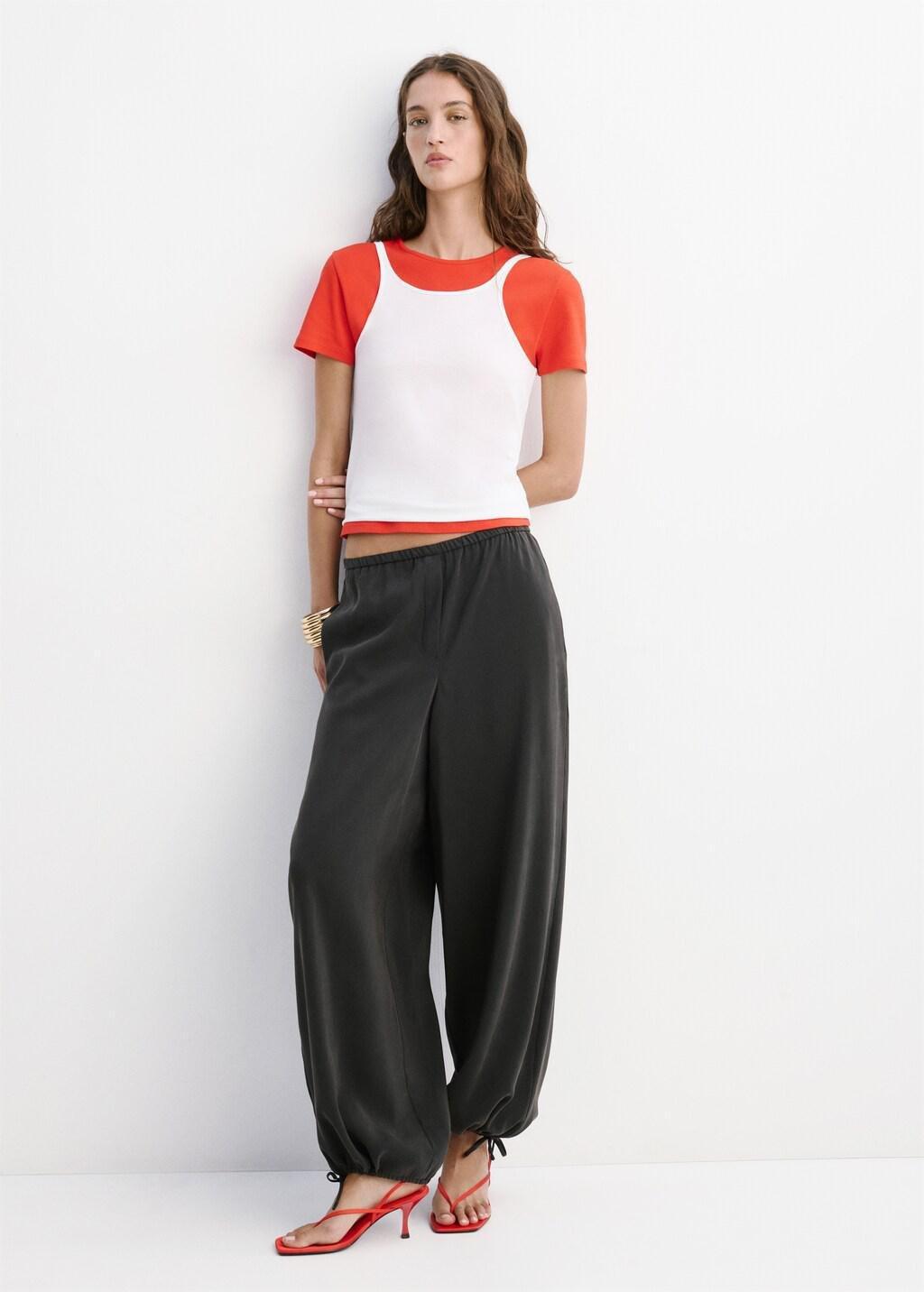Black Elastic Waist Harem Pants, Black, large image number 0