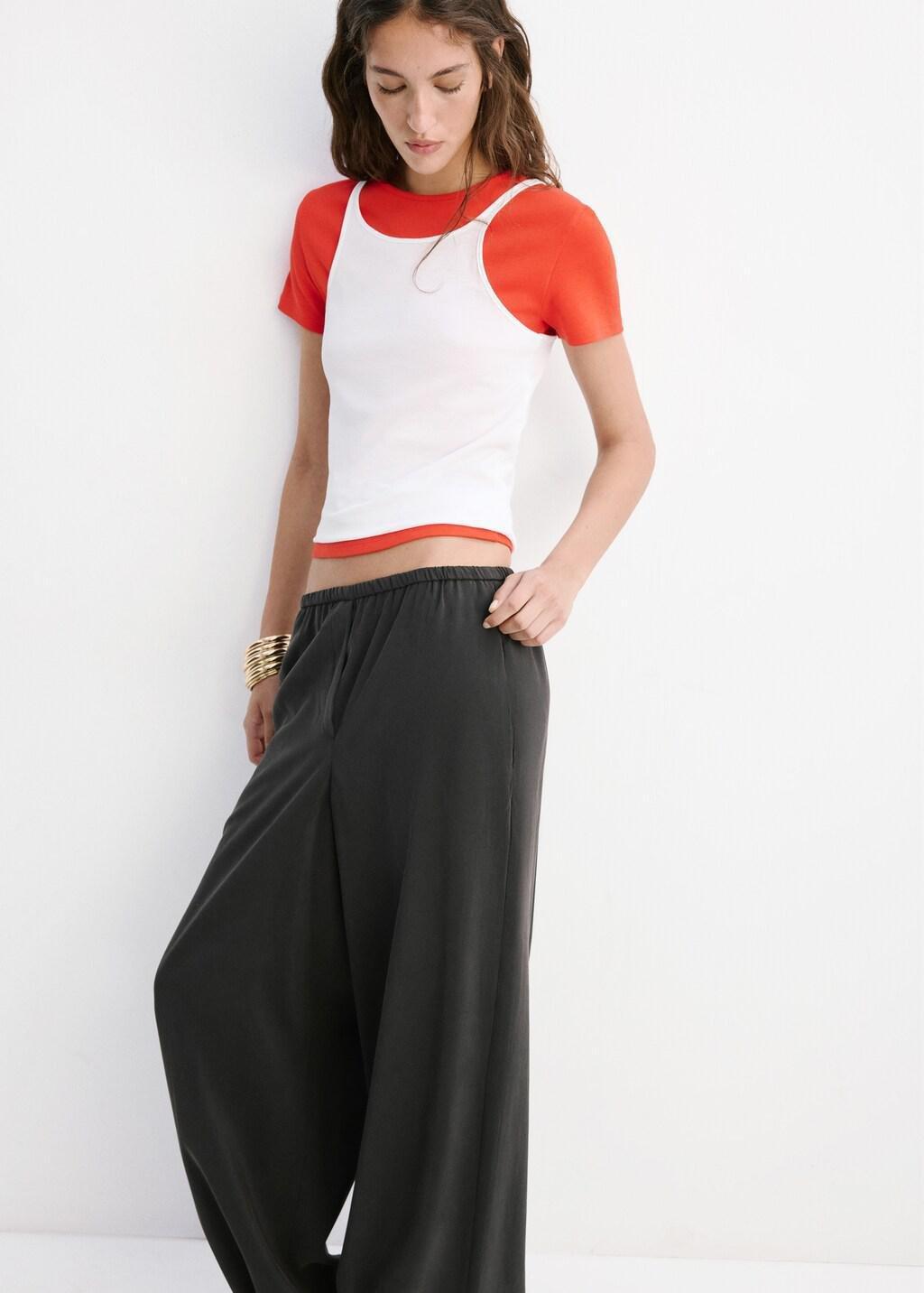 Black Elastic Waist Harem Pants, Black, large image number 1
