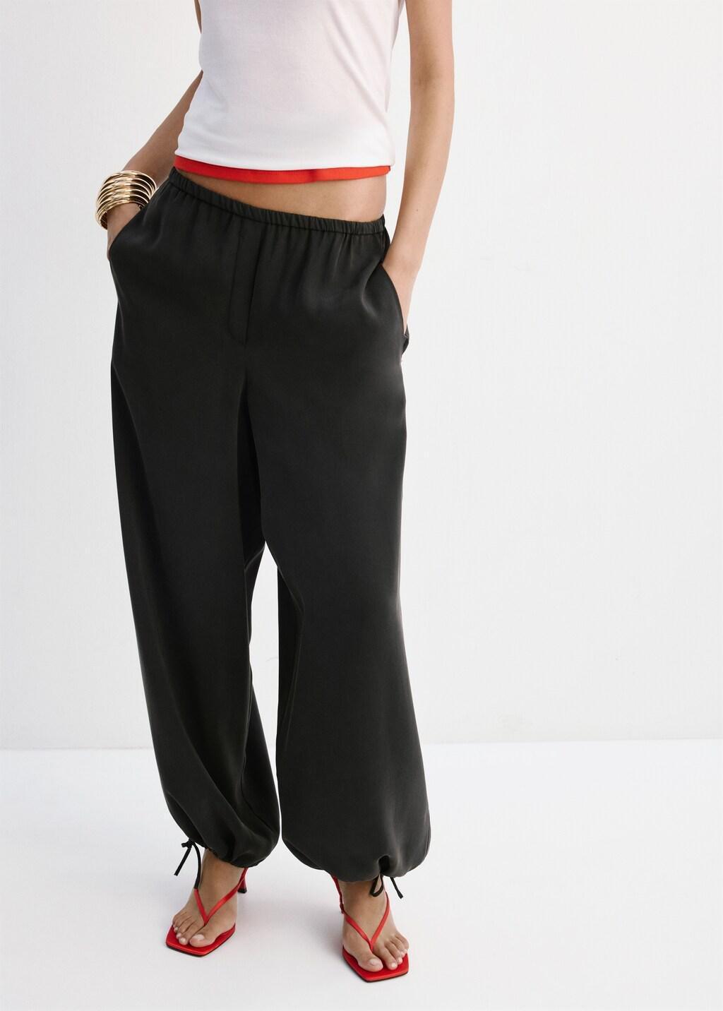 Black Elastic Waist Harem Pants, Black, large image number 3