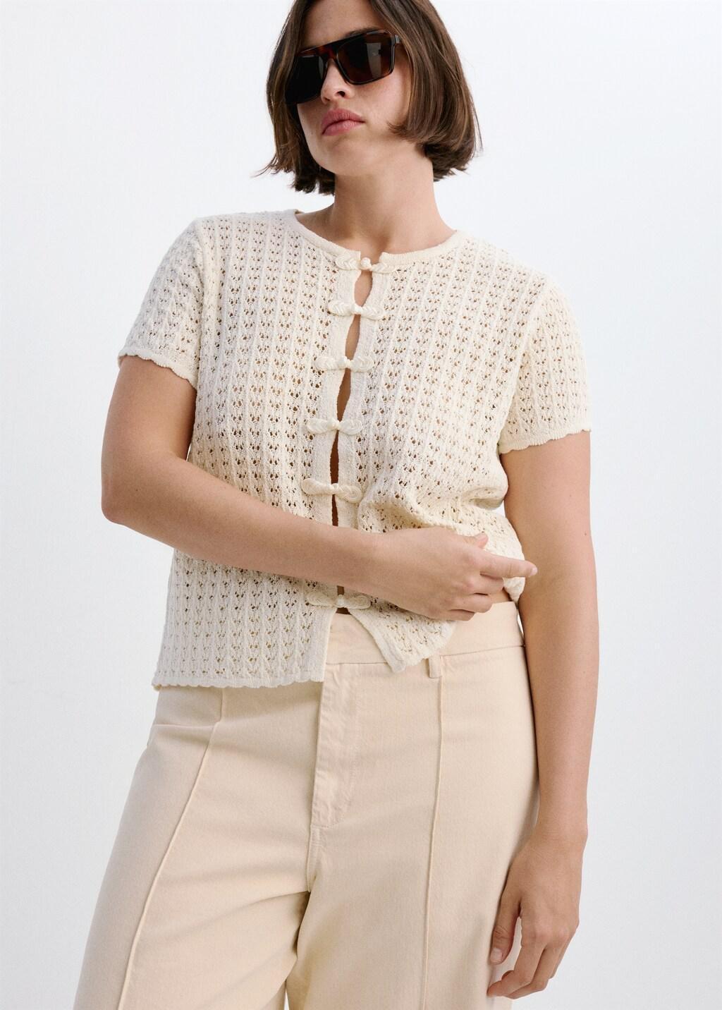 Beige Open-Knit Toggle Cardigan, Light Beige, large image number 6