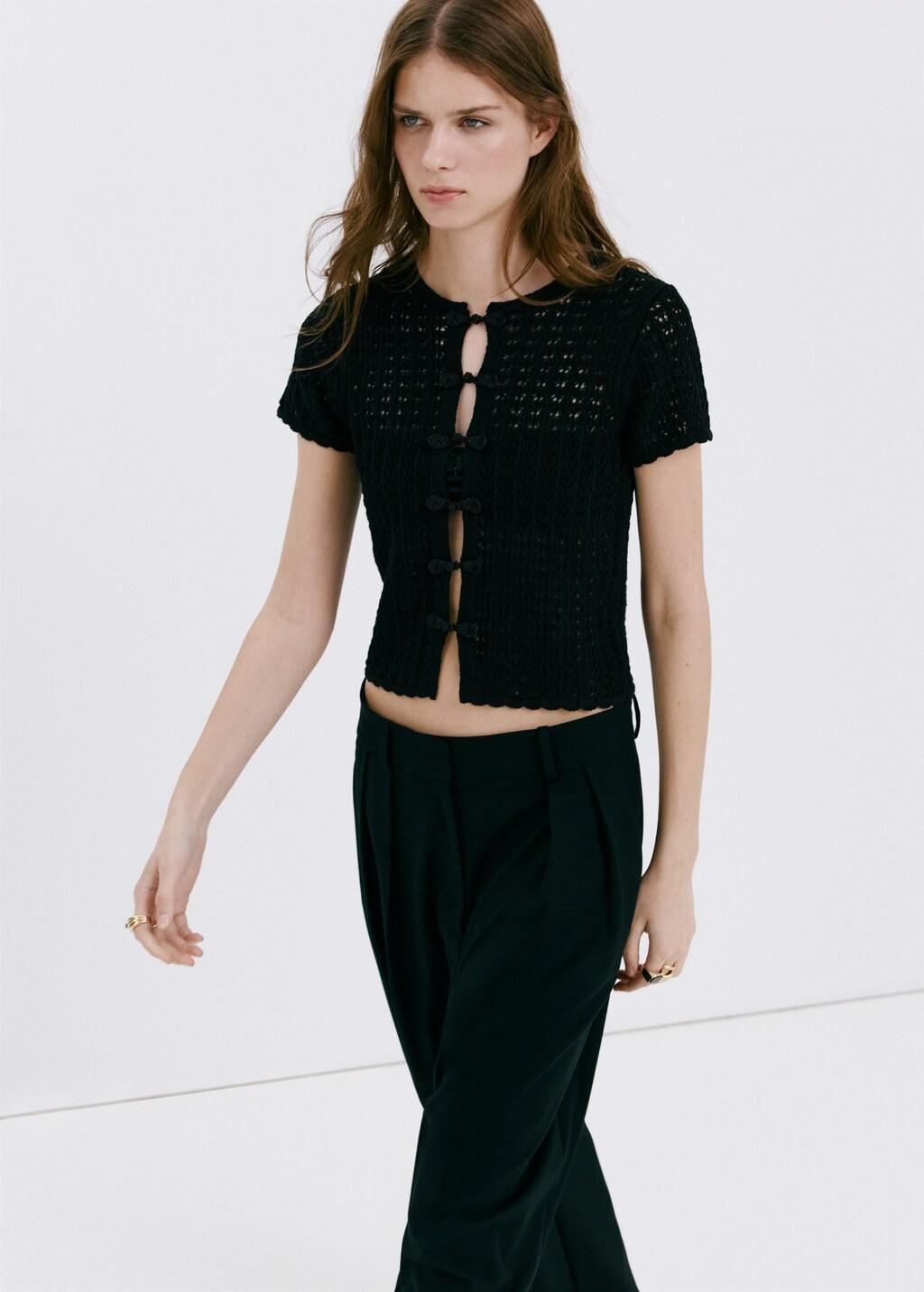 Black Open-Knit Toggle Cardigan, Black, large image number 3
