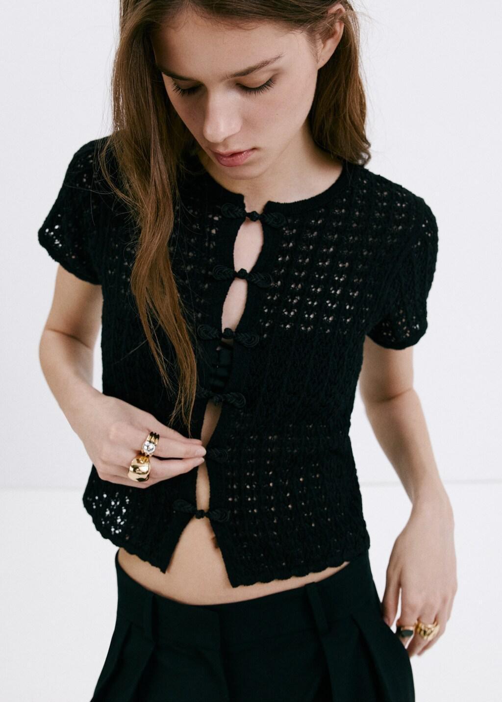 Black Open-Knit Toggle Cardigan, Black, large image number 4