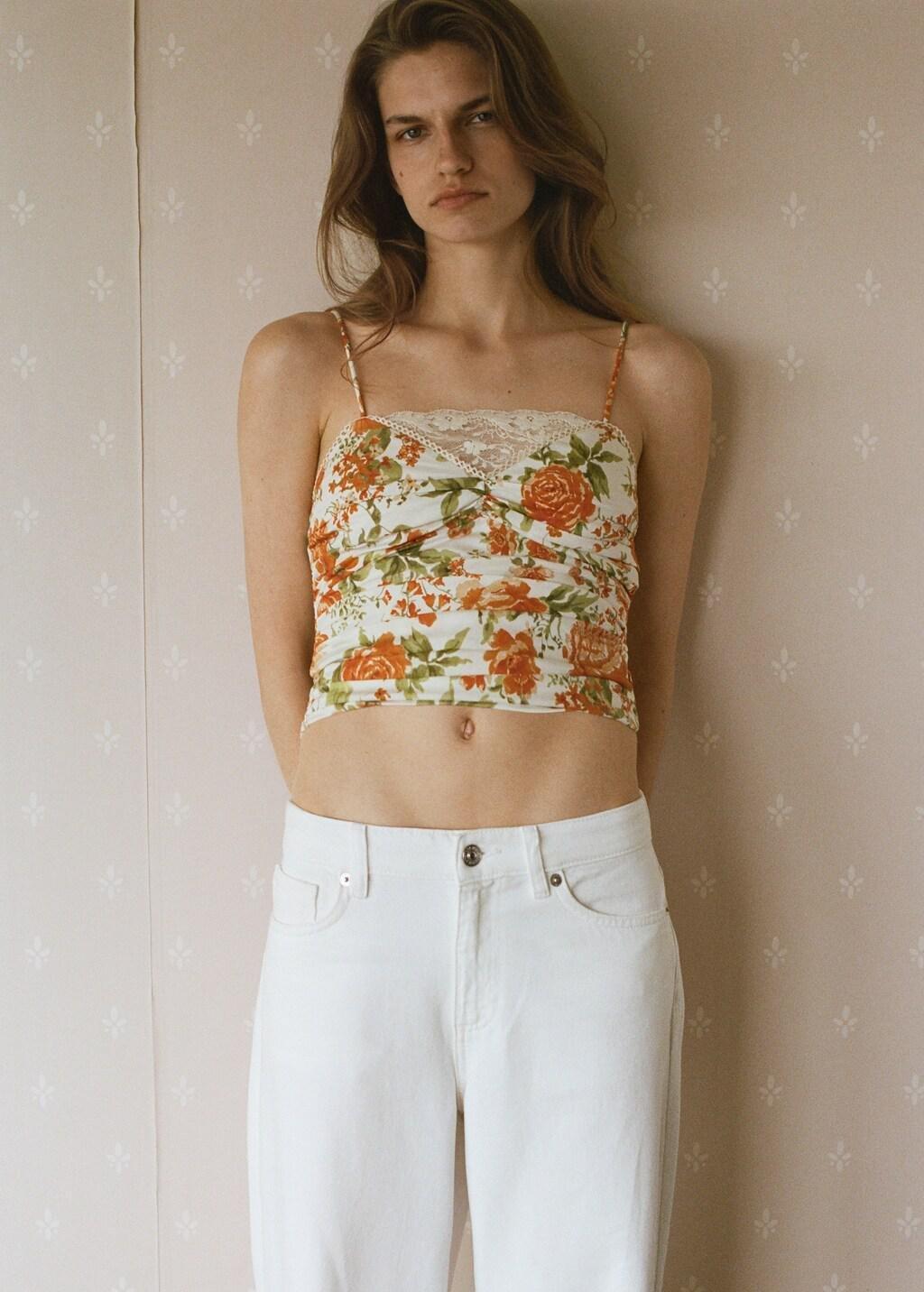Orange Draped Floral Top, Orange, medium