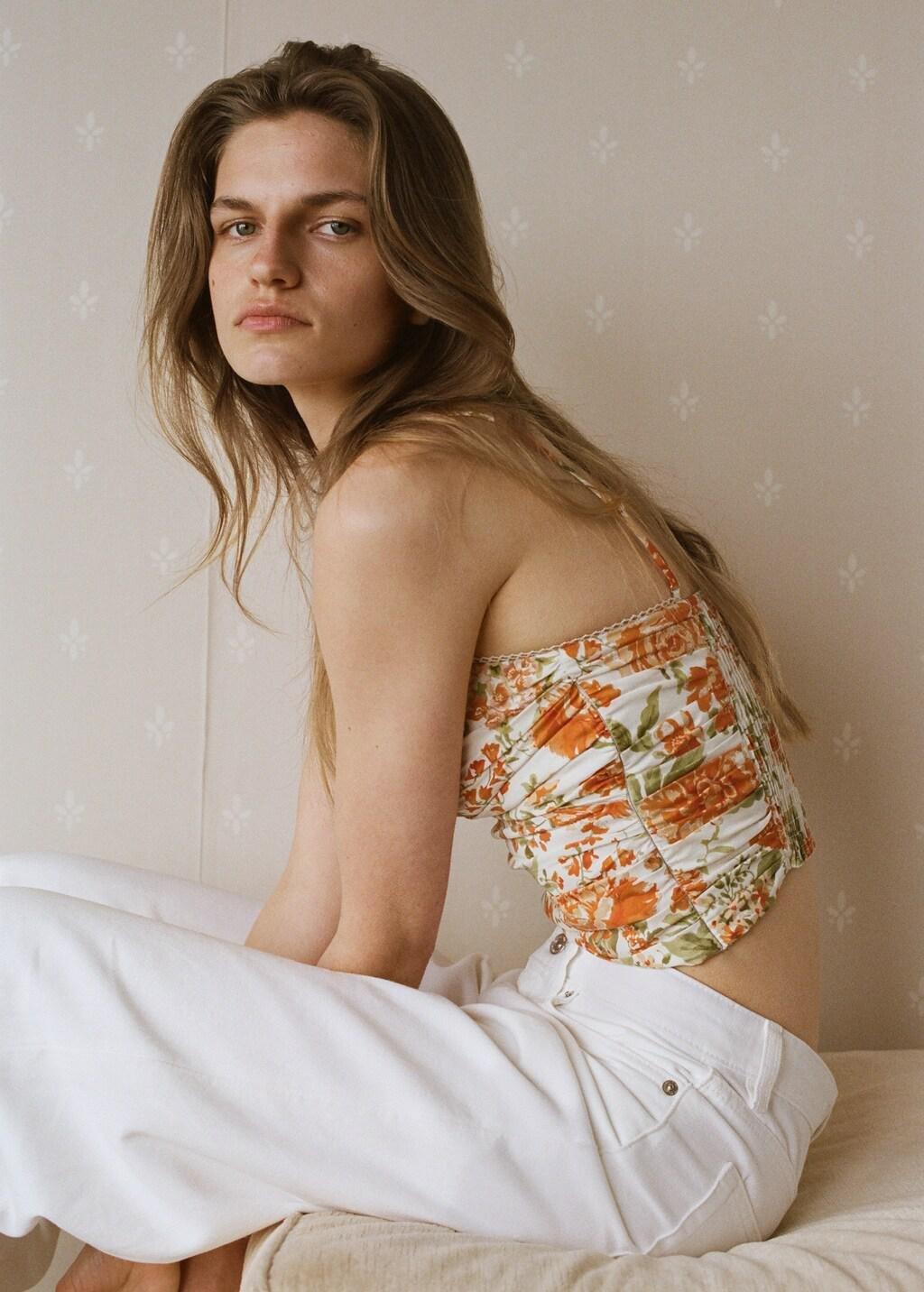 Orange Draped Floral Top, Orange, large image number 3