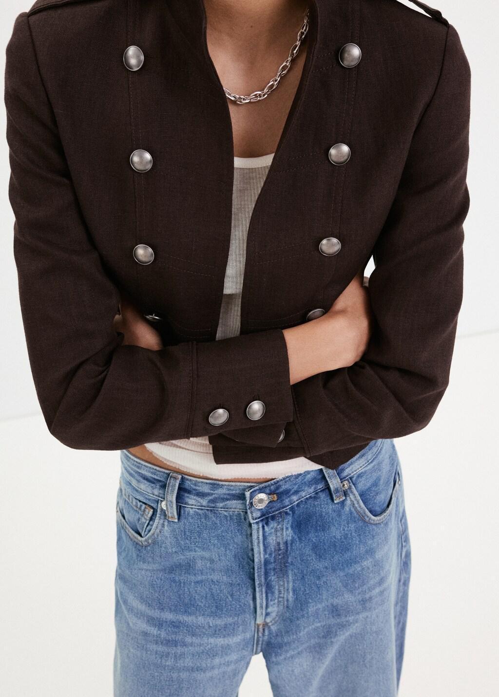 Brown Linen Jacket With Buttons, Dark Brown, large image number 3