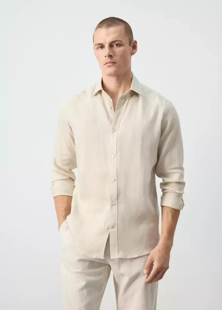 Brown Regular-Fit Linen Shirt, Light Pastel Brown, medium