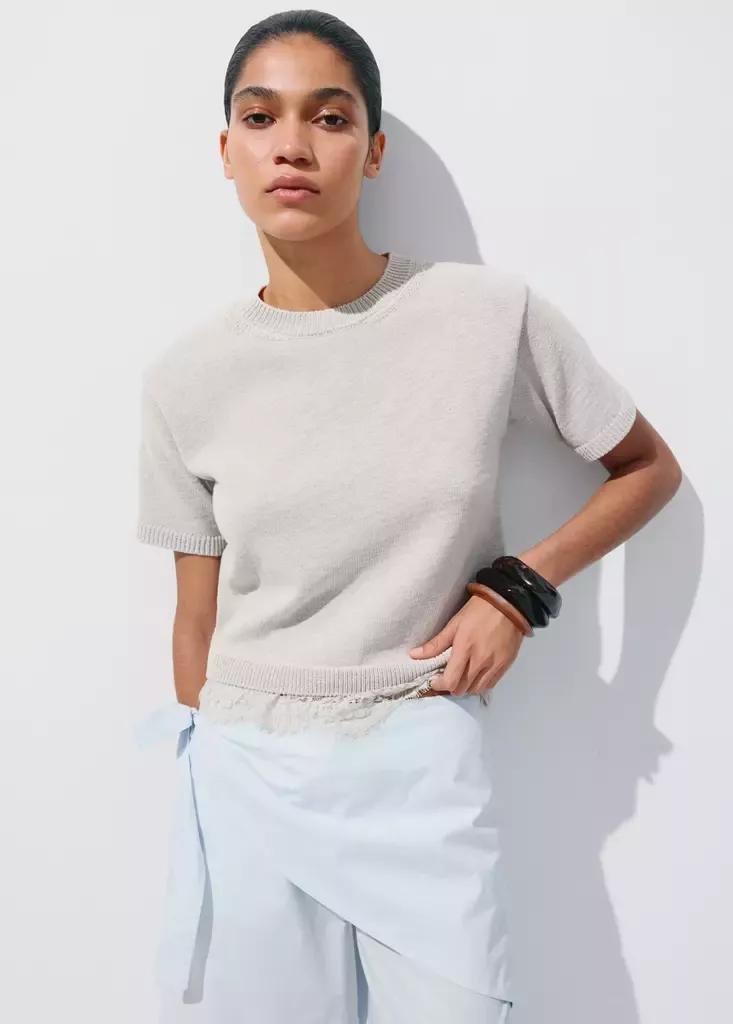 Grey Ribbed Lace-Trimmed Jumper, Light Pastel Grey, medium