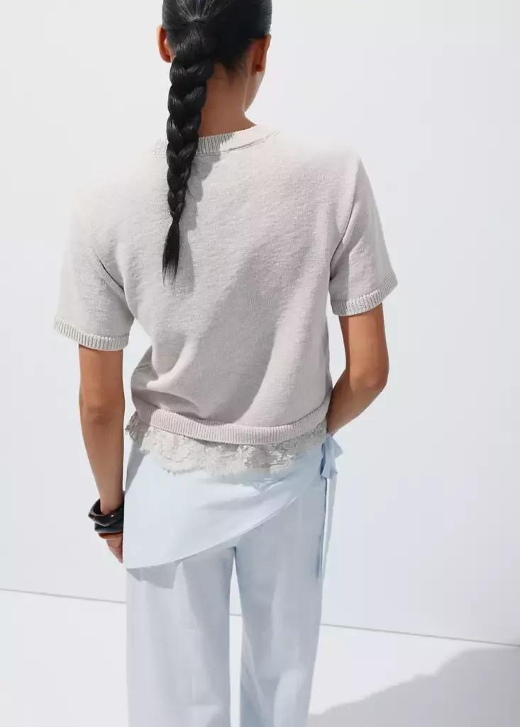 Grey Ribbed Lace-Trimmed Jumper, Light Pastel Grey, medium