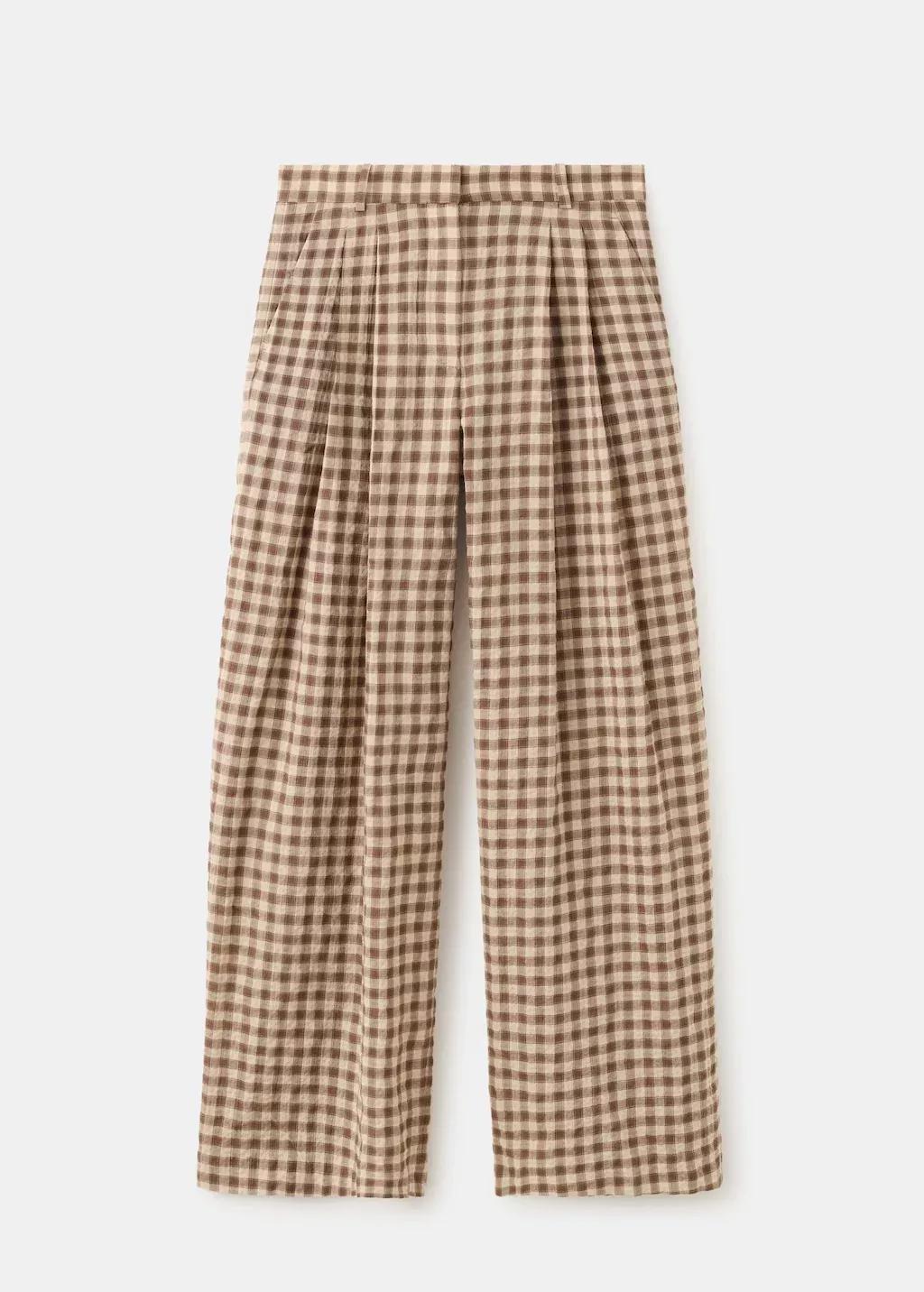 Brown Straight-Leg Gingham Trousers, Brown, medium