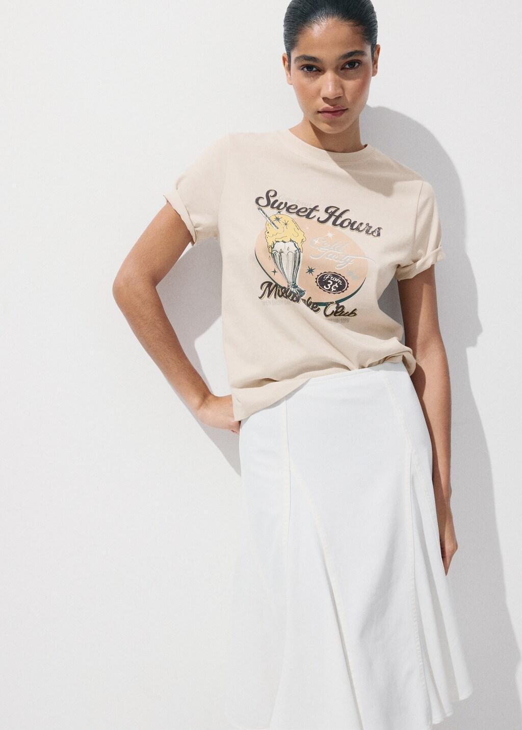 Beige Printed Cotton-Blend T-Shirt, Light Beige, large image number 3