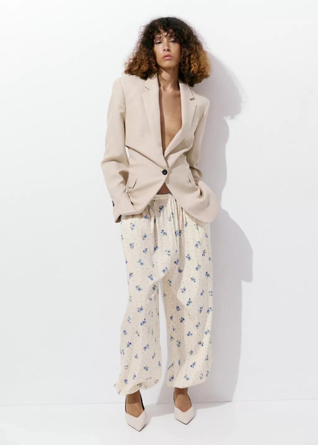 White Floral Print Baggy Trousers, White, large image number 0