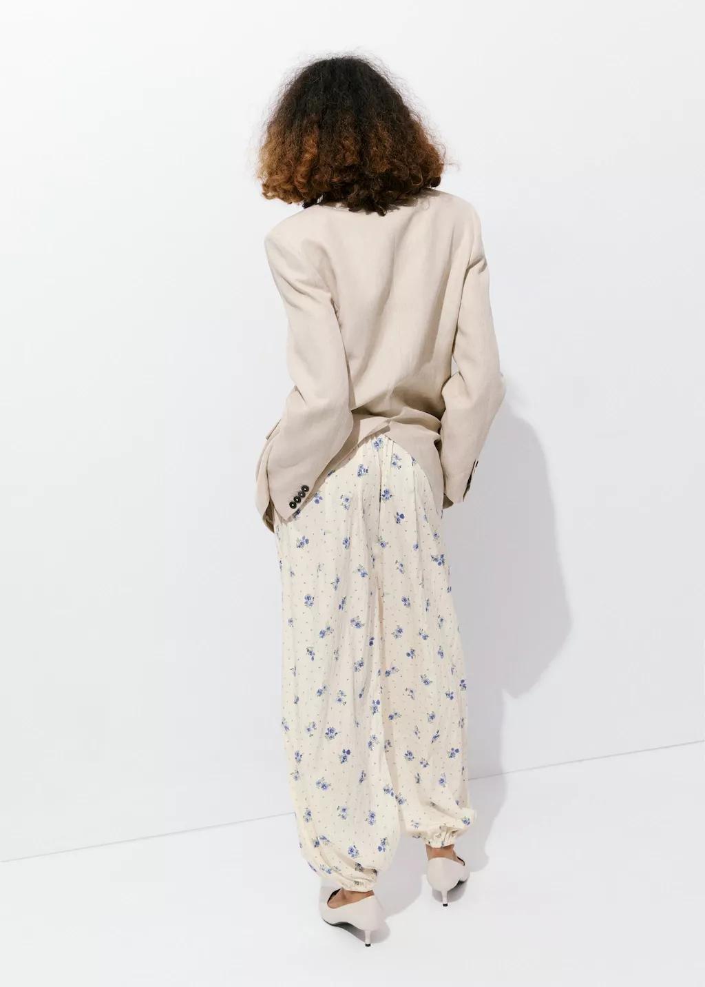 White Floral Print Baggy Trousers, White, large image number 2